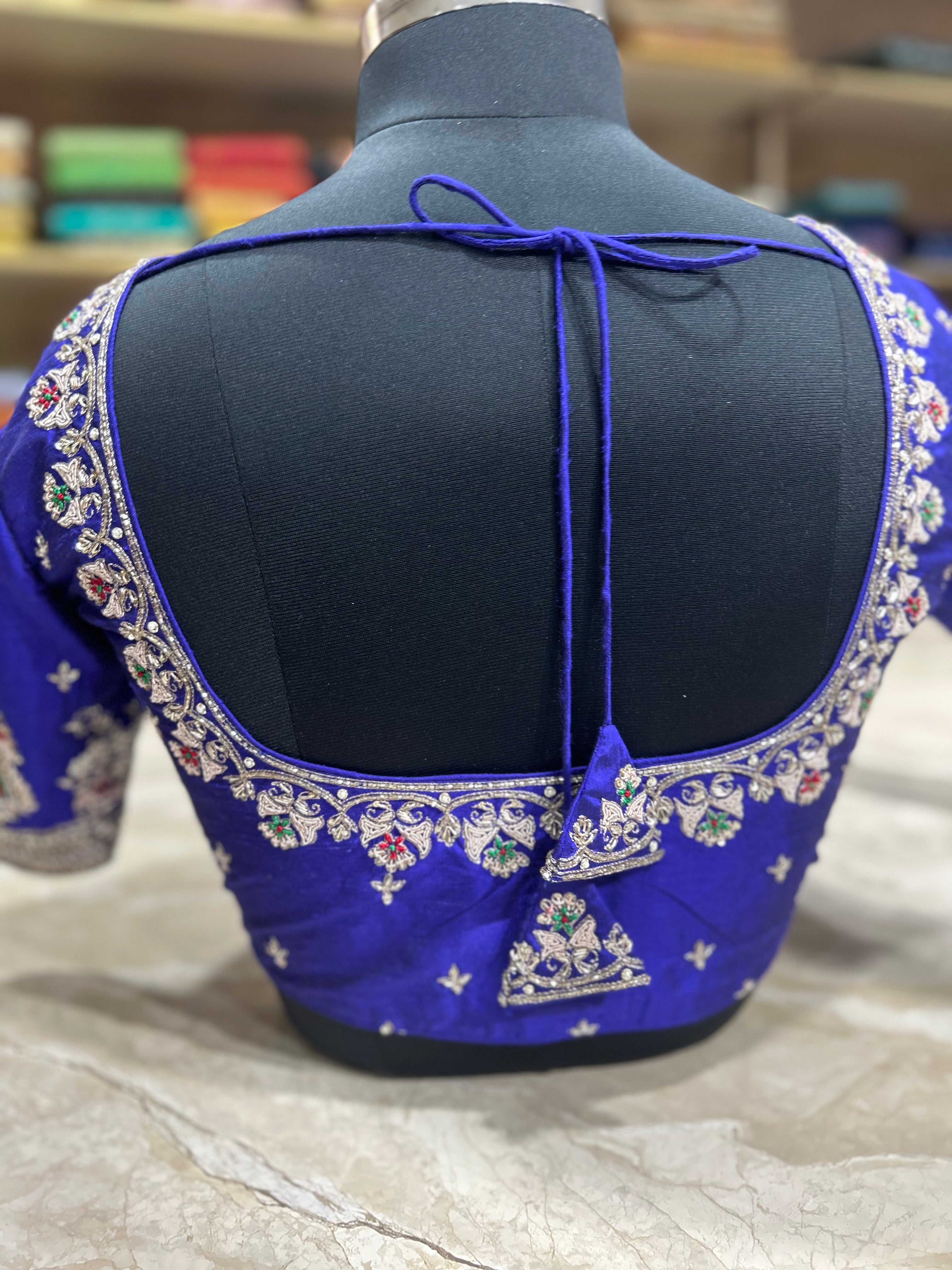 Royal blue scallop handwork blouse