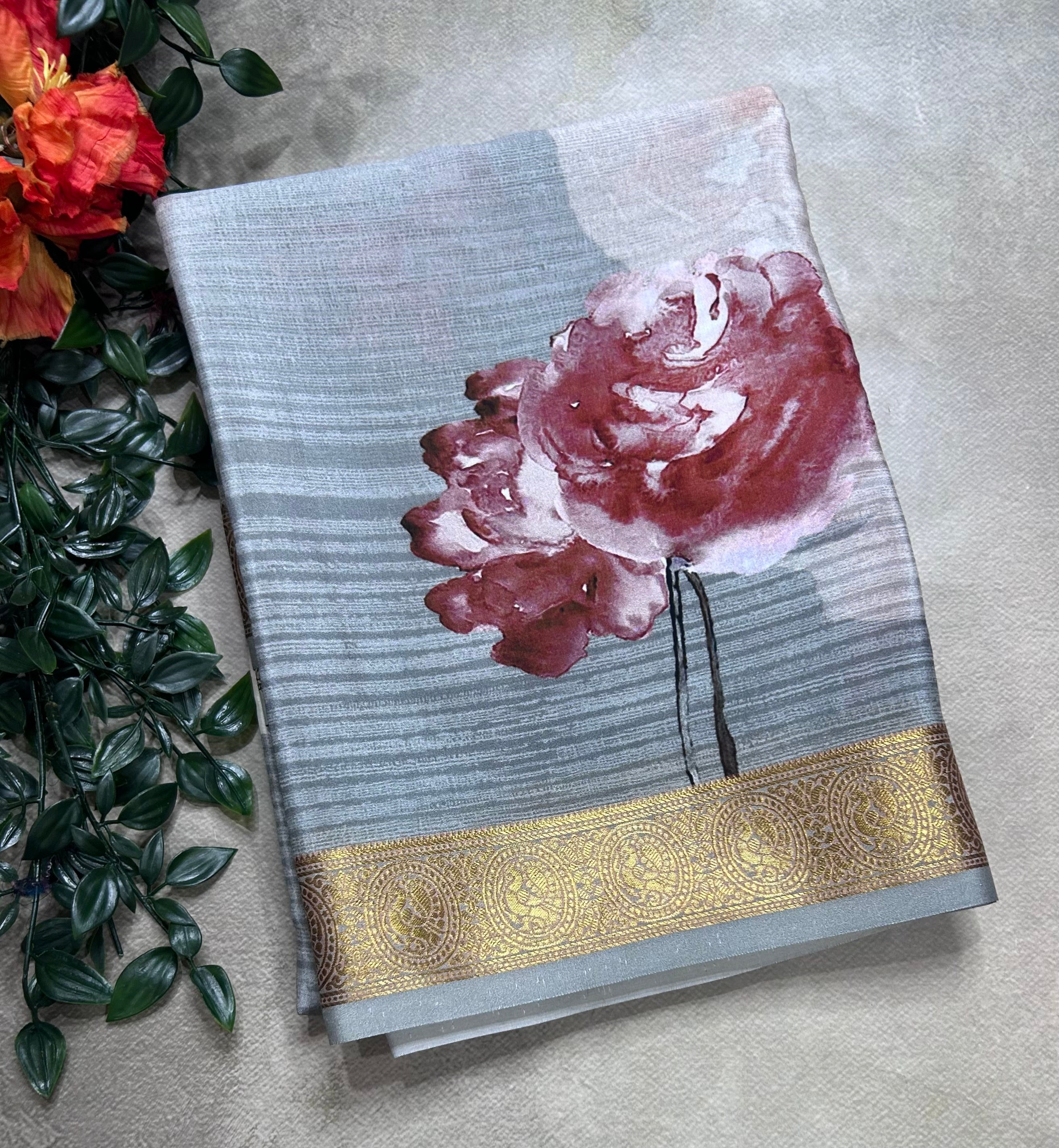 Grey digital print pure mysore silk saree(DMS106)