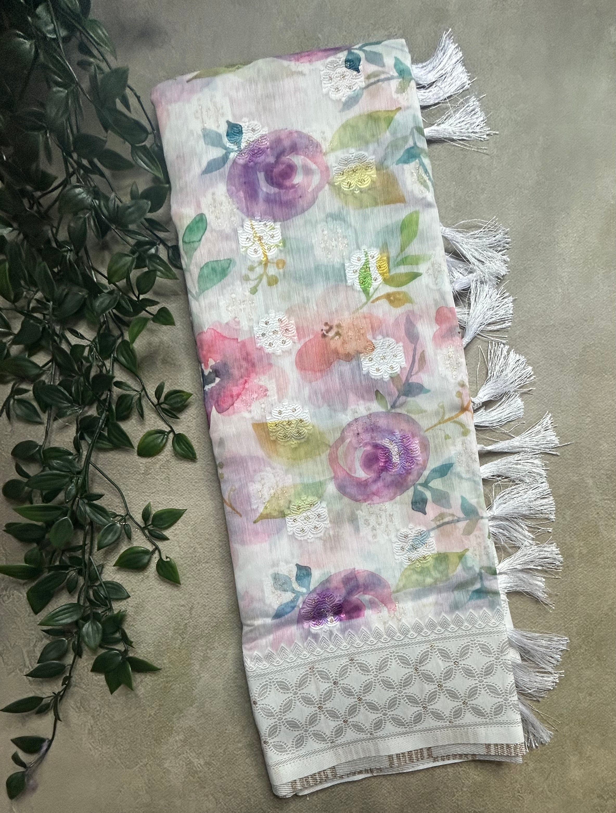 White digital print soft Tussar saree