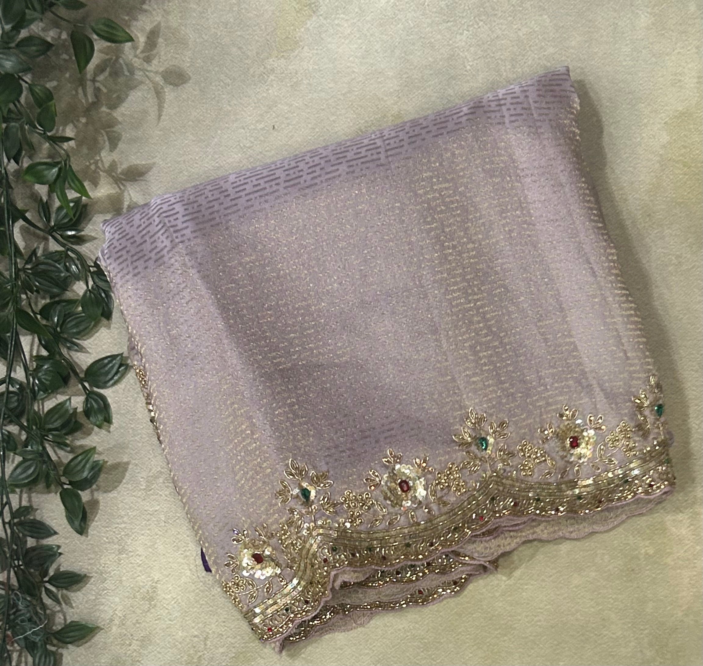 Lavender brocade tissue handwork  scallop border party wear