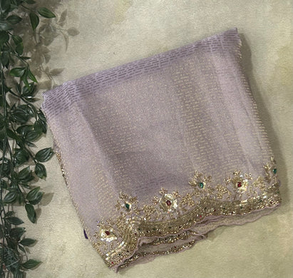 Lavender brocade tissue handwork  scallop border party wear