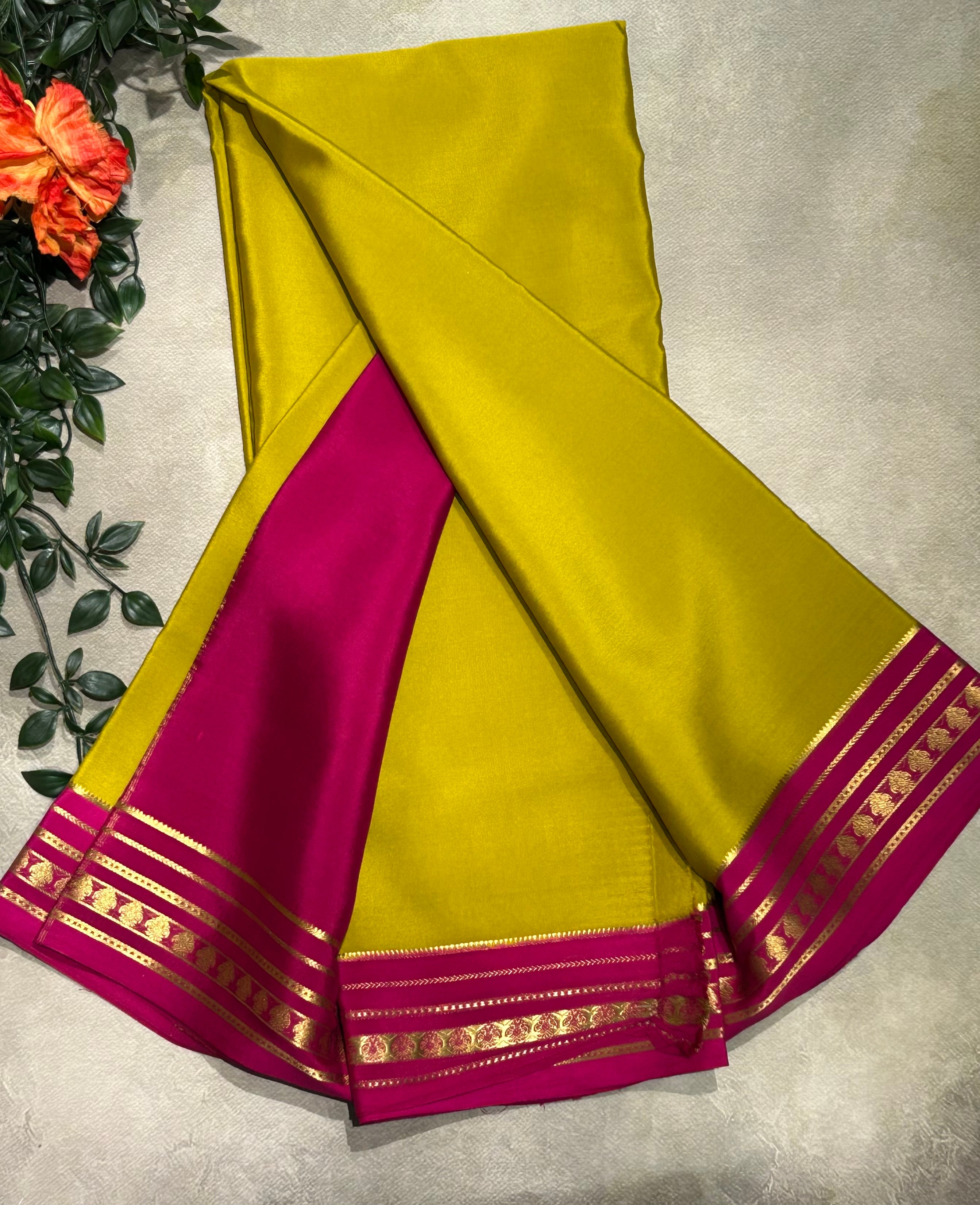 Dark neon green stripes border pure Mysore silk-103 saree