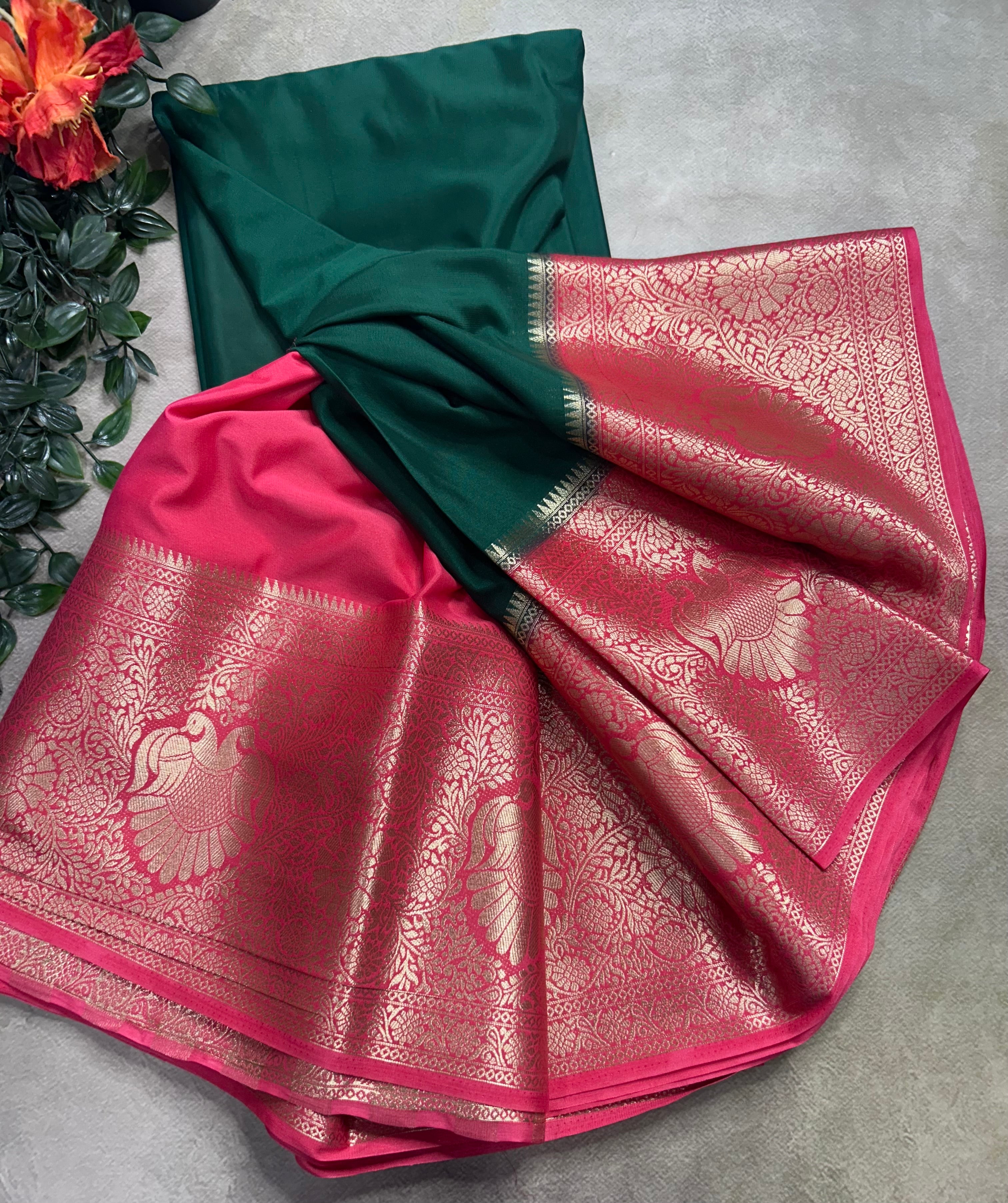 Bottle green contrast long border soft semi Mysore crepe 106 saree