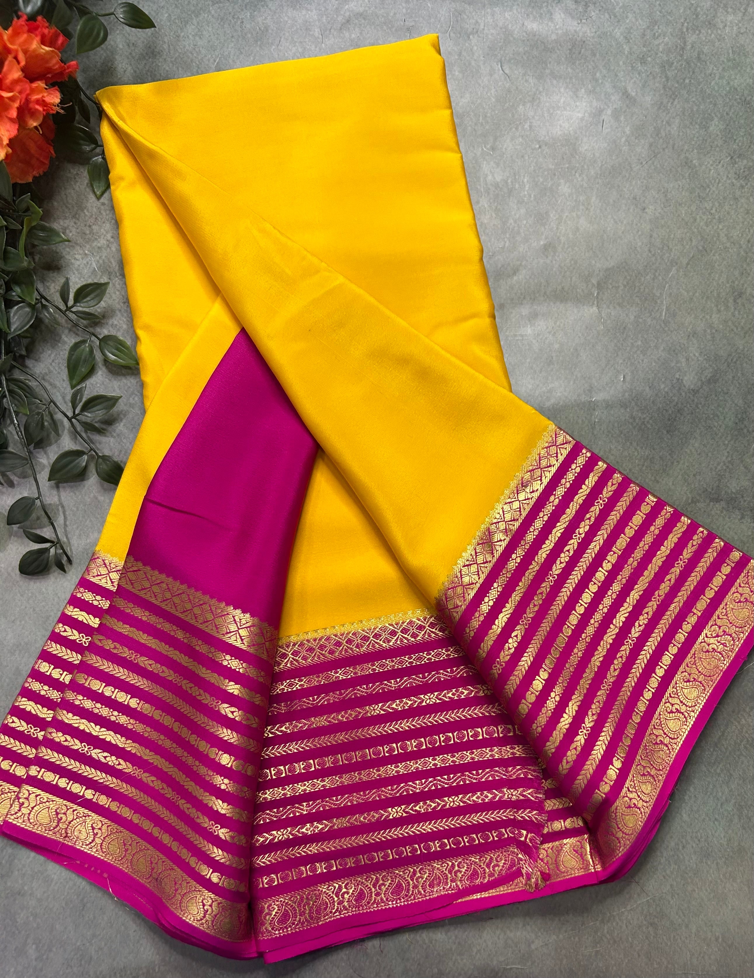 Yellow stripes pure Mysore crepe silk saree