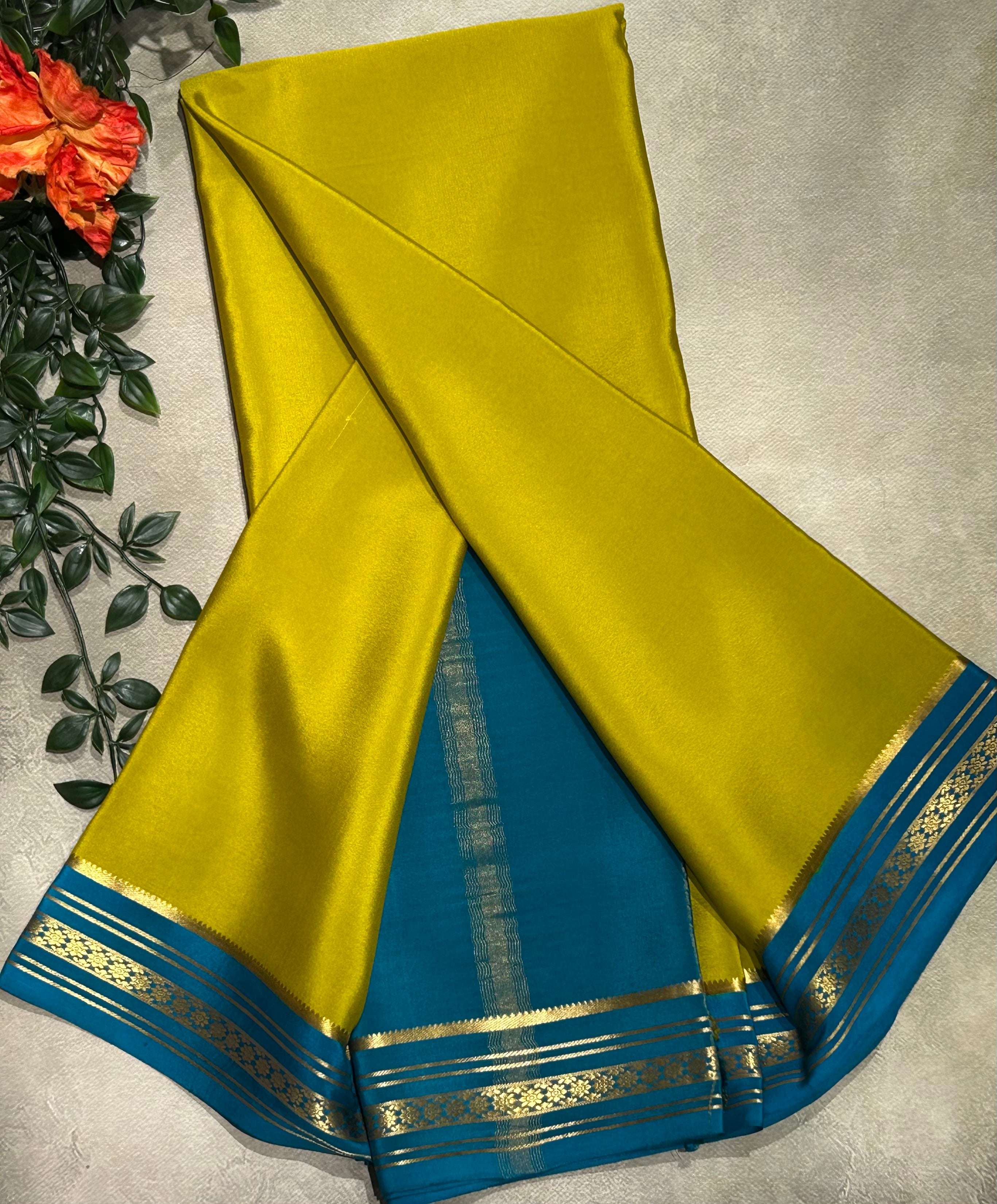 Mustard yellow stripes border pure Mysore silk-103 saree