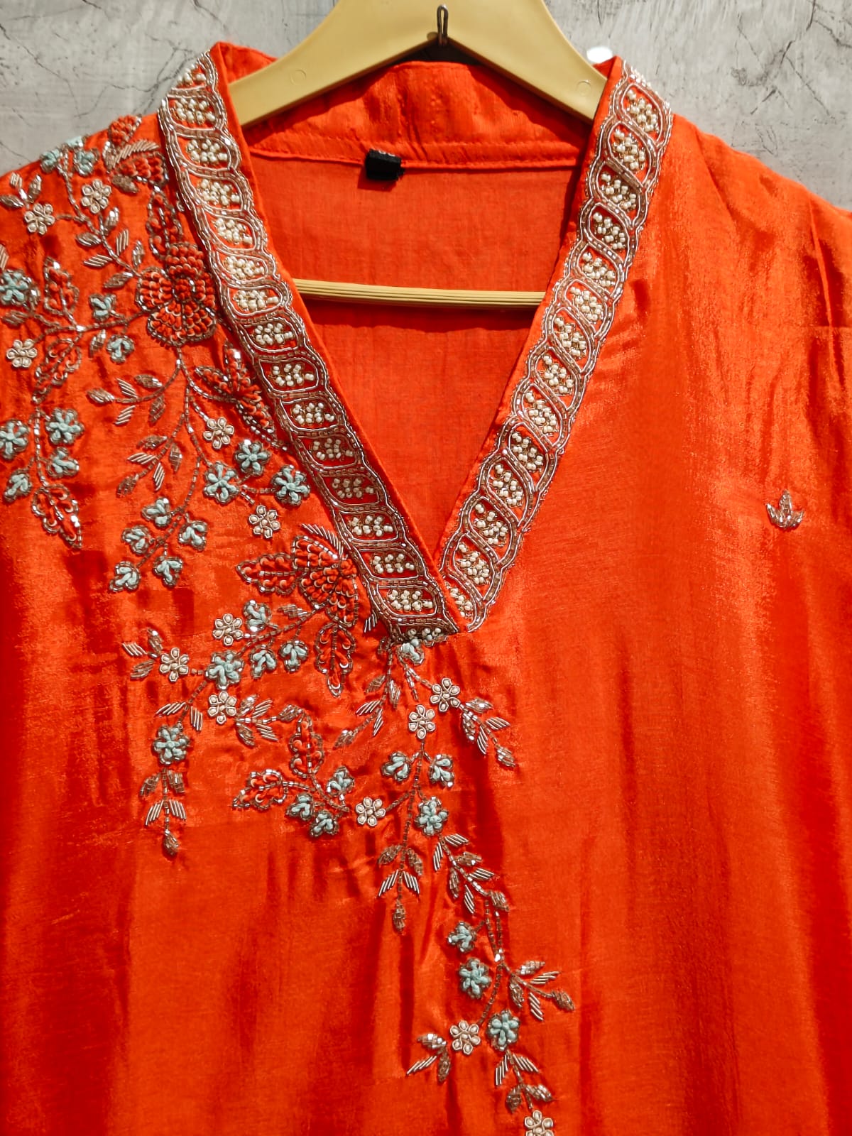 Orange Dola 05 silk Kurtha with Pearl handwork embriodery work