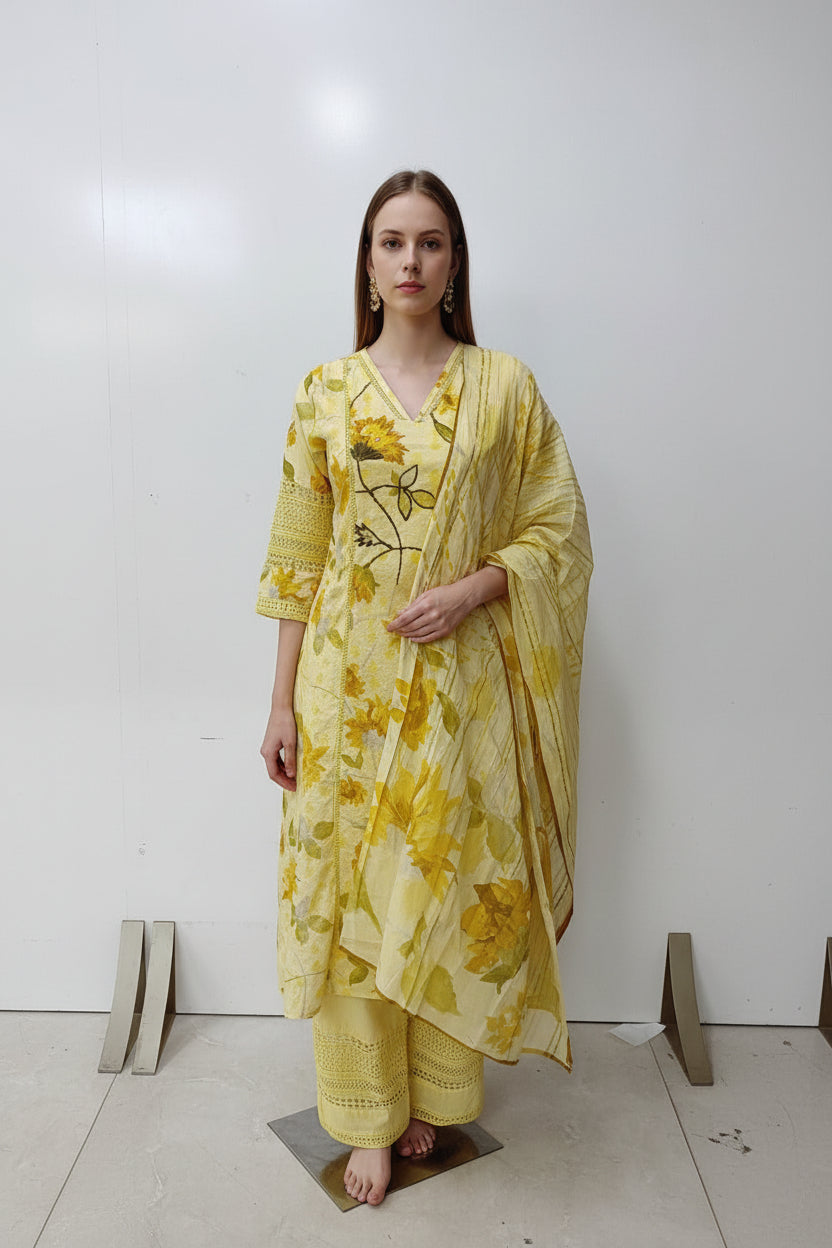 Yellow Cotton Airline Hacoba Work Kurtha