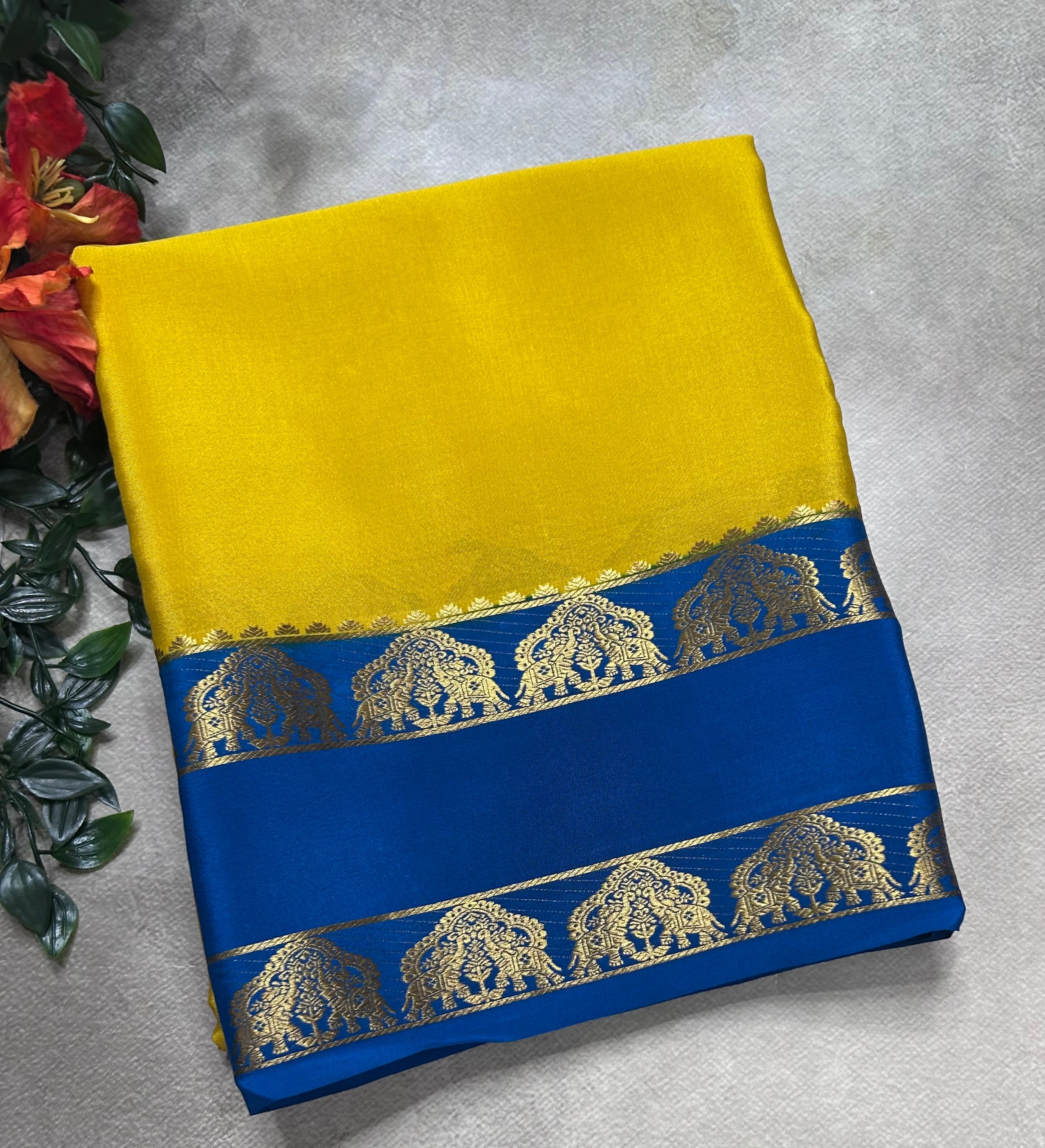 Yellow bentex border pure mysore silk saree(MSC106)
