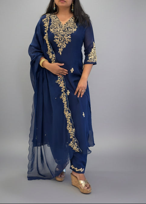 Dark Blue Chinnon Hand Embroidery Airline Kurtha 673
