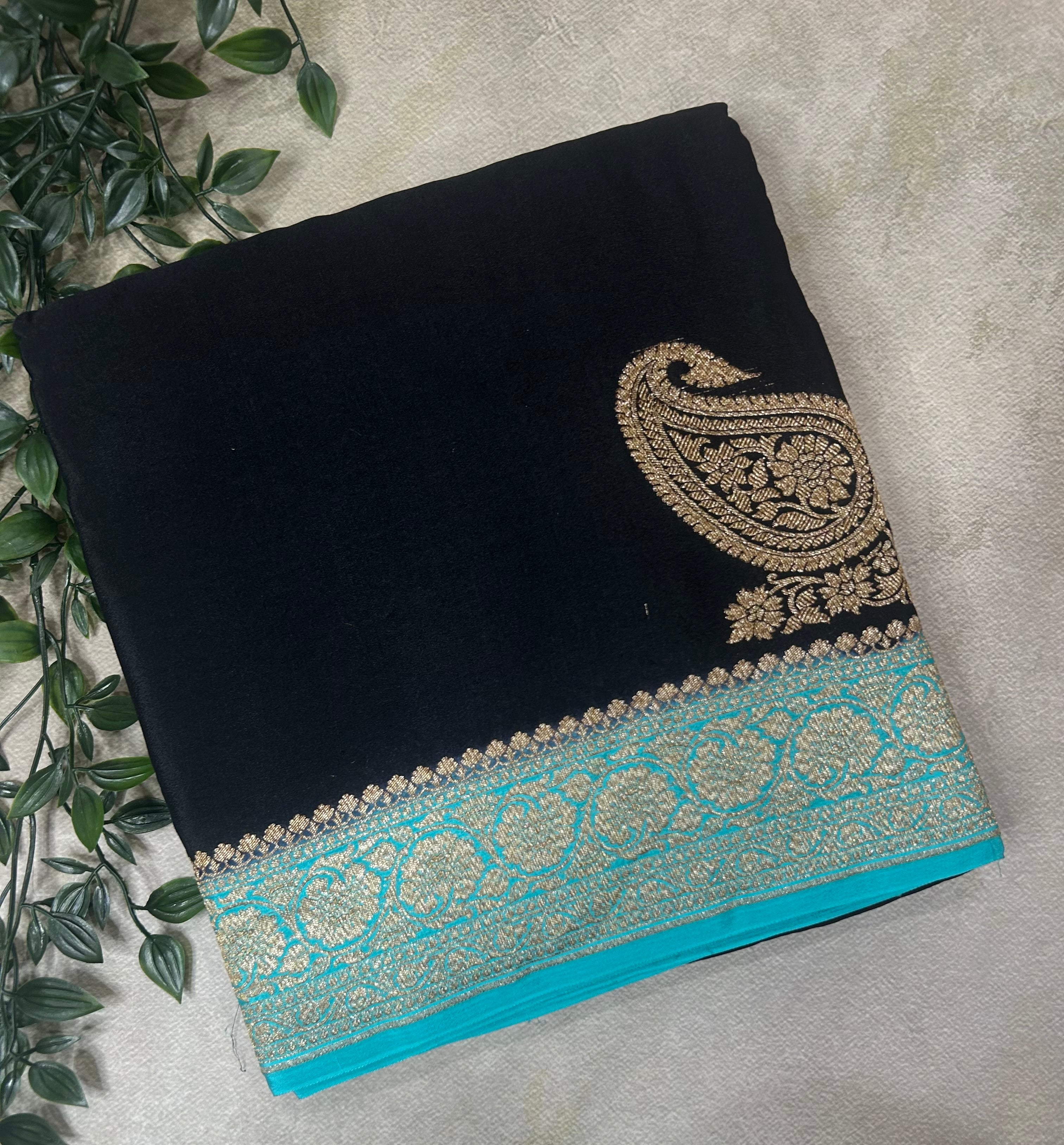 Black n blue pure banarasi crepe 102 silk saree