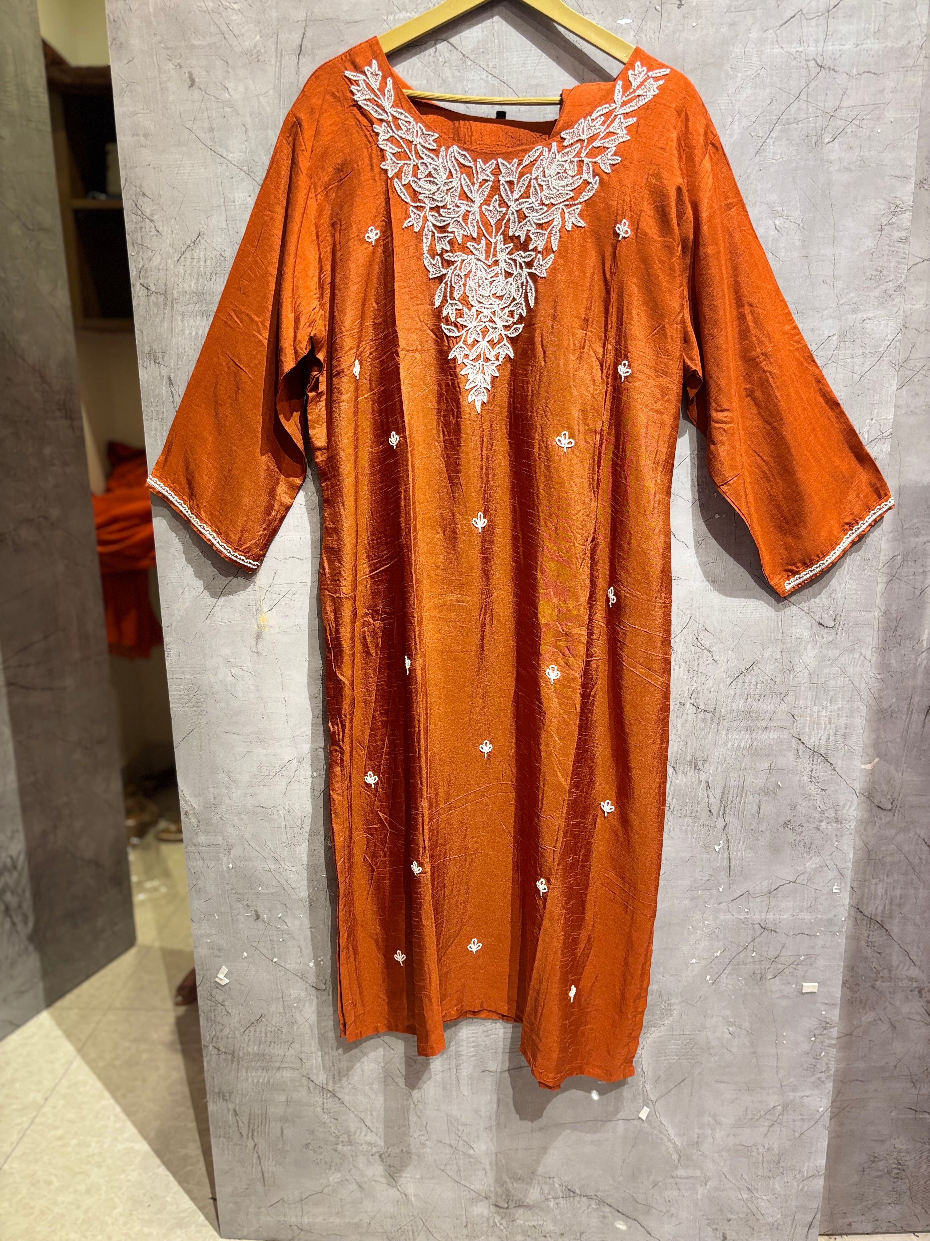 Orange Dola silk knot work  hand embroidery kurtha Suit set plus size