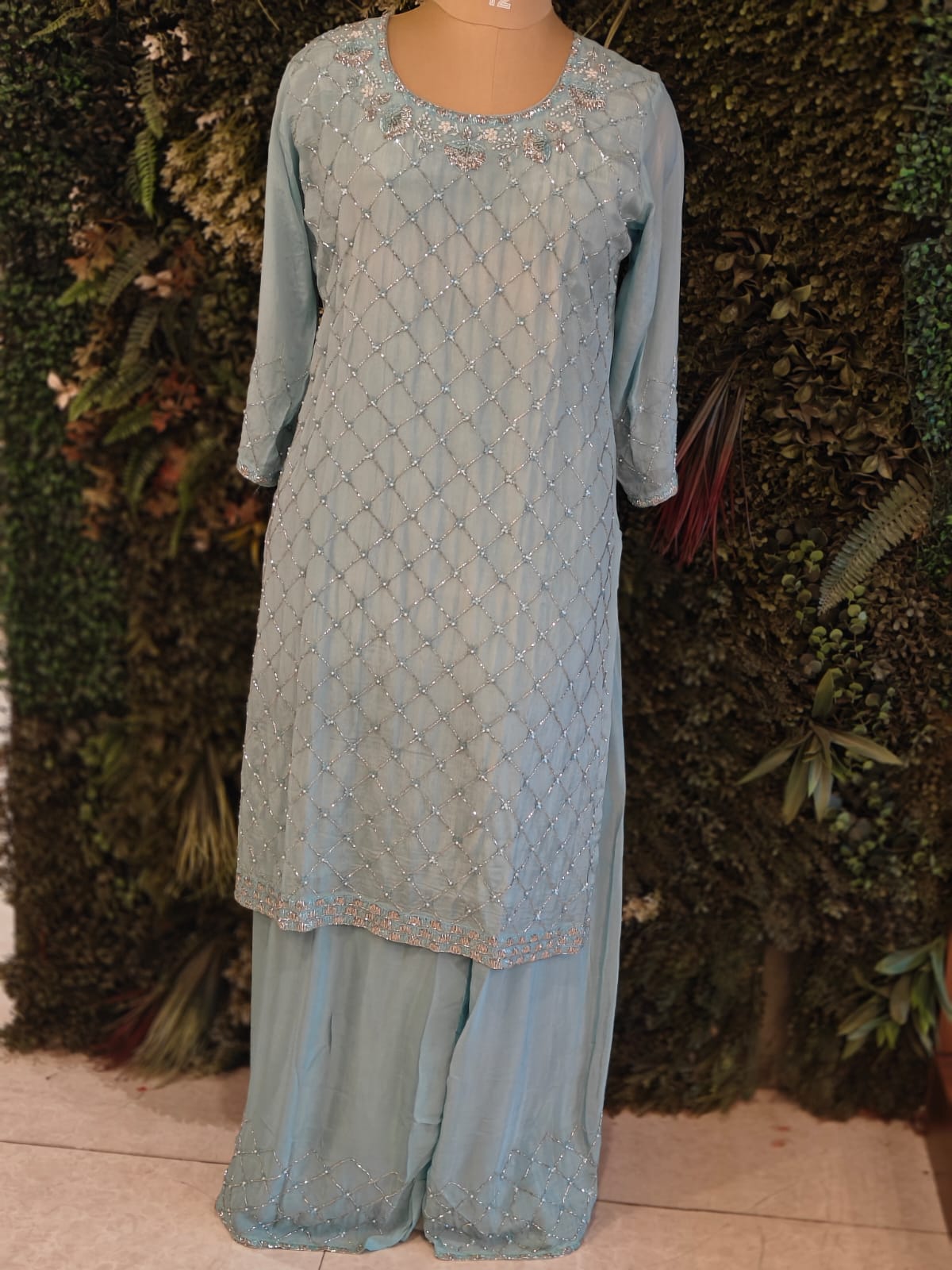 Blue Chinnon Hand Embroidery Sharara Kurtha 301