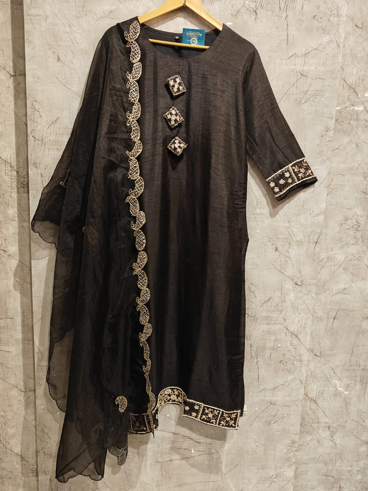 Black Dola Silk Kurtha 66 Hand Embroidery  with Banarasi Dupatta