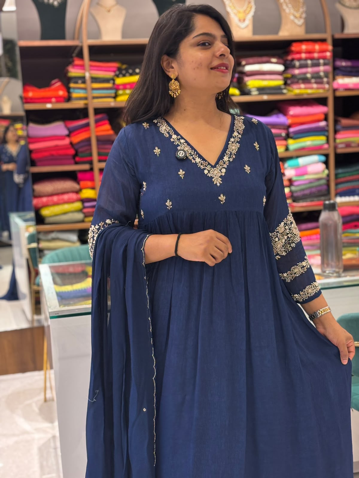 Dark Blue Chinnon Hand Embroidery Airline Kurtha 555