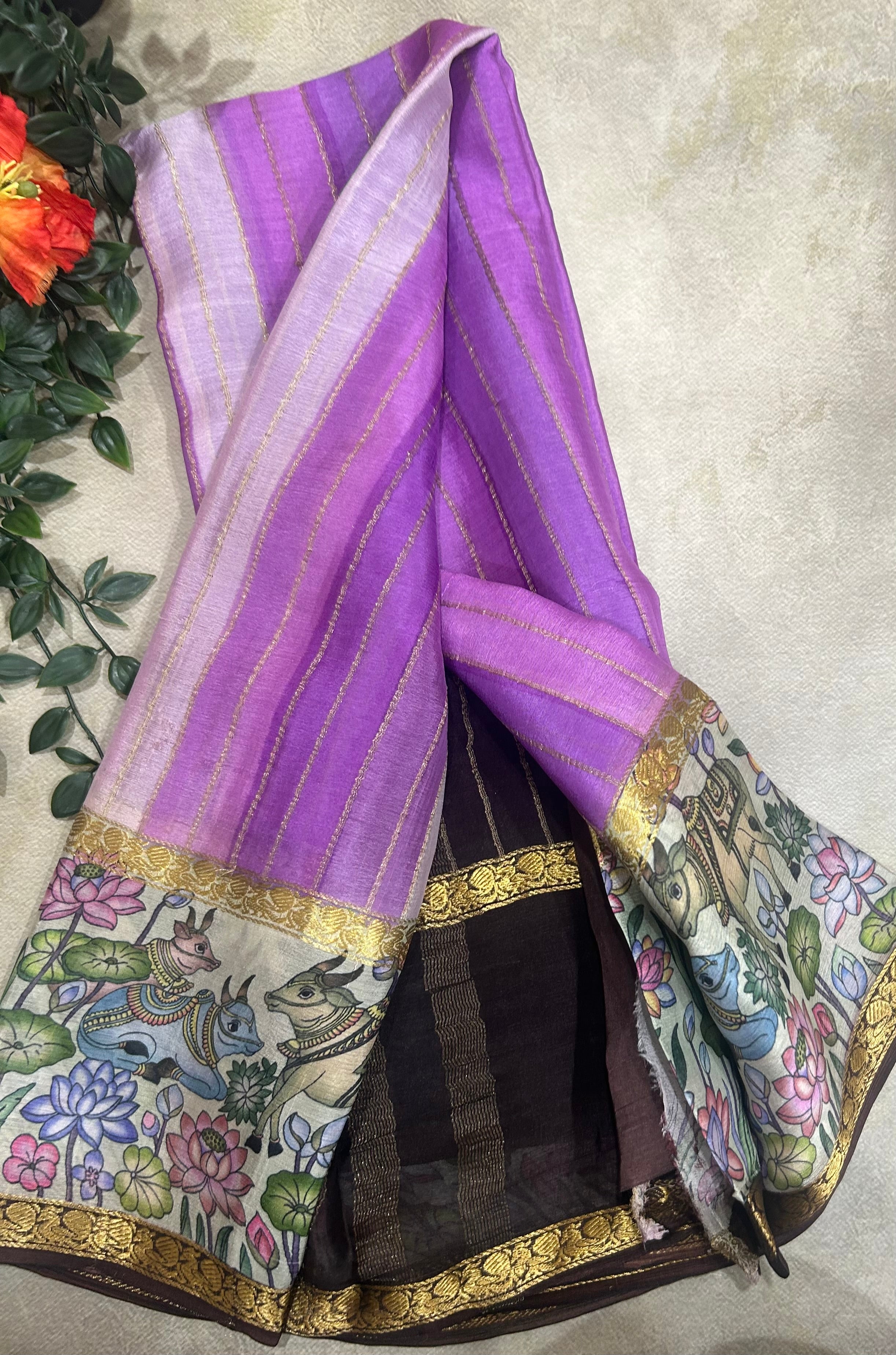 Rankart kalamkari border pure wrinkle 103 crepe silk saree