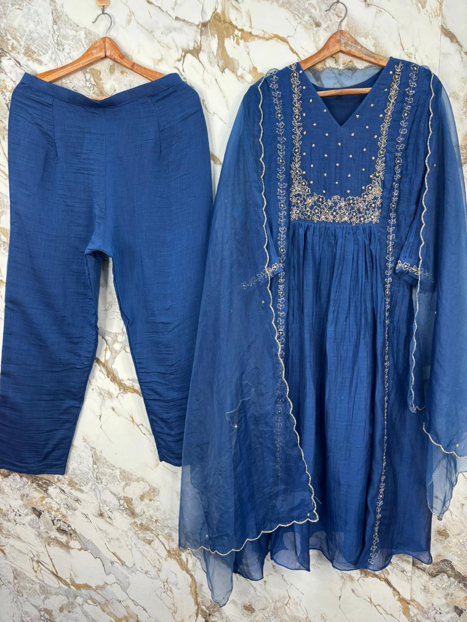 “Pani" Blue Mul Chanderi silk Kurtha suit with work hand embroidery 898