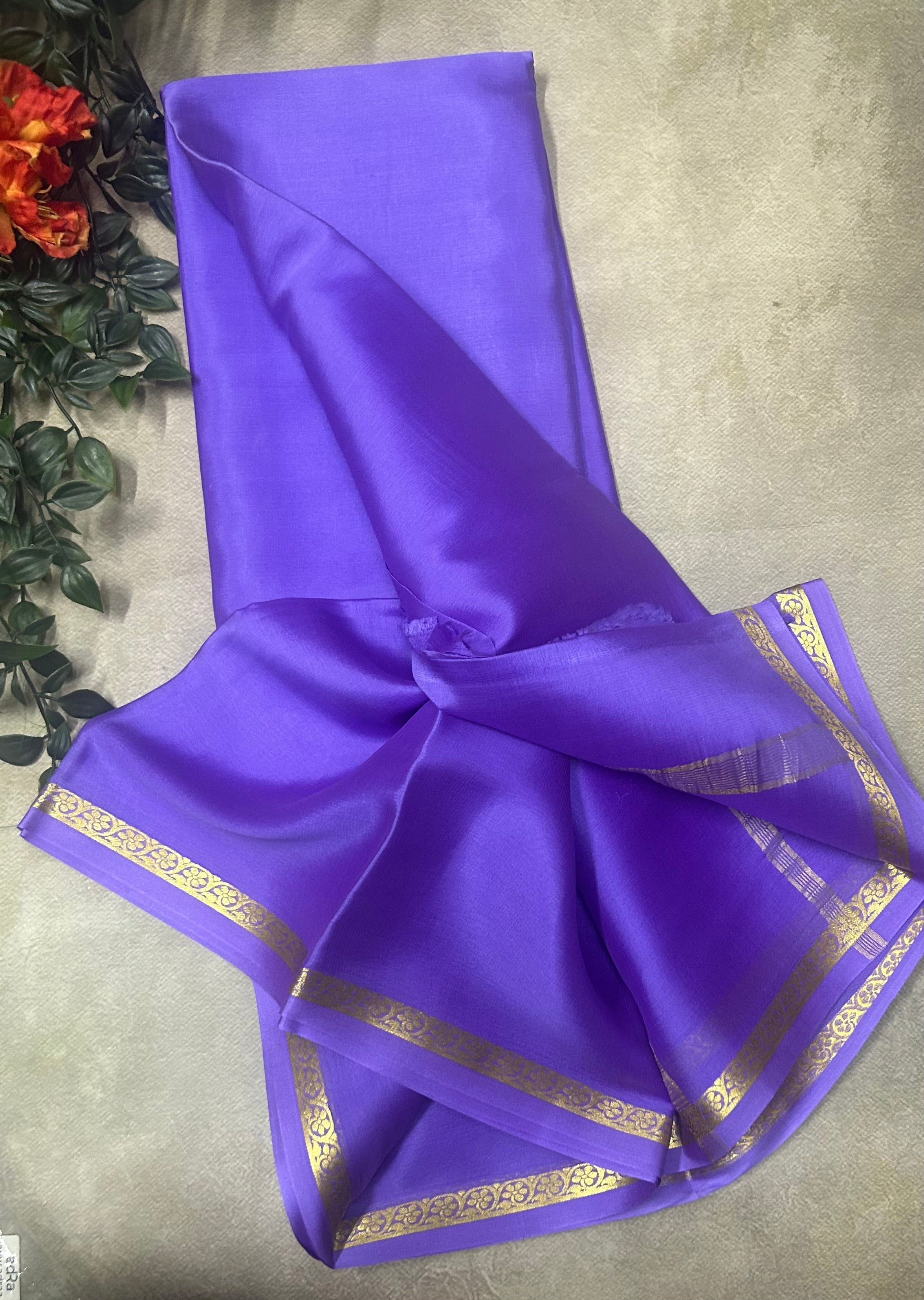 Lilac small border pure Mysore silk saree