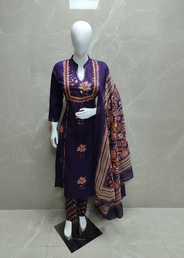 Purple Cotton Hand Embroidery Straight Fit Kurtha