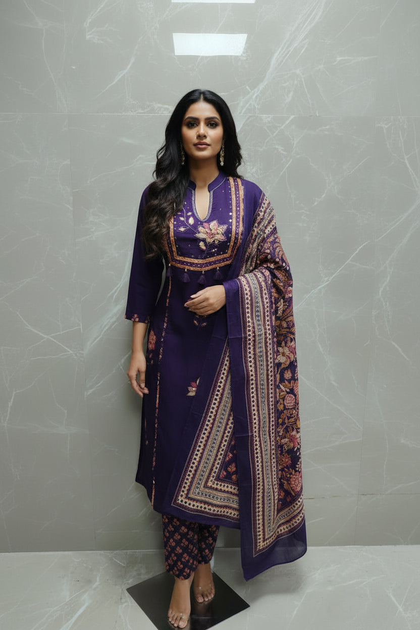 Purple Cotton Hand Embroidery Straight Fit Kurtha