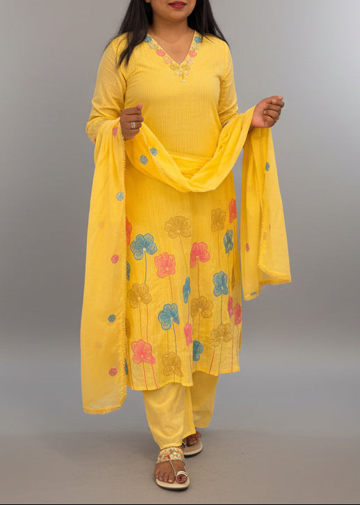 Yellow Mul Cotton Hand Embroidery Airline Kurtha 203