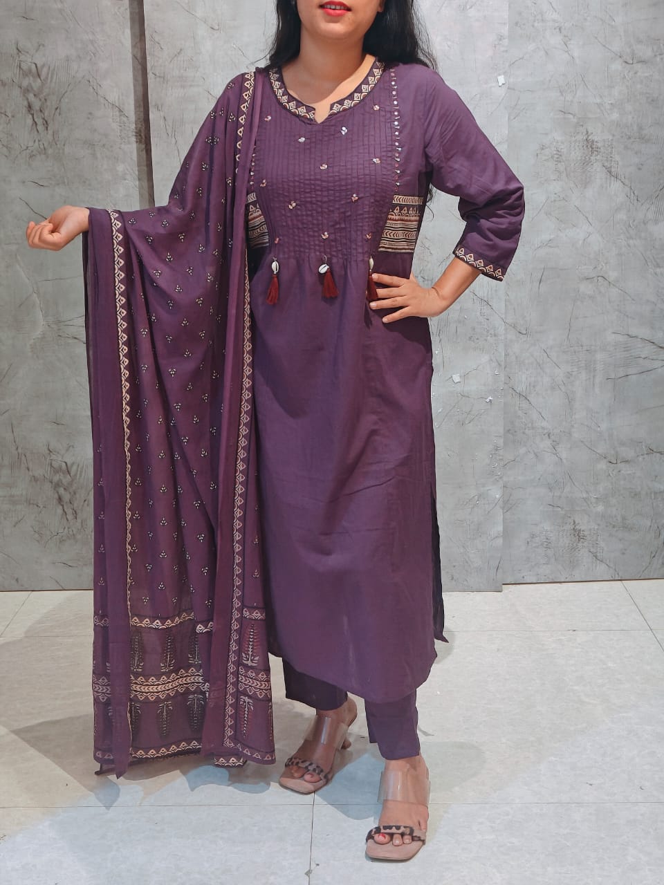 Purple Cotton Embroidery Straight Fit Kurtha 606