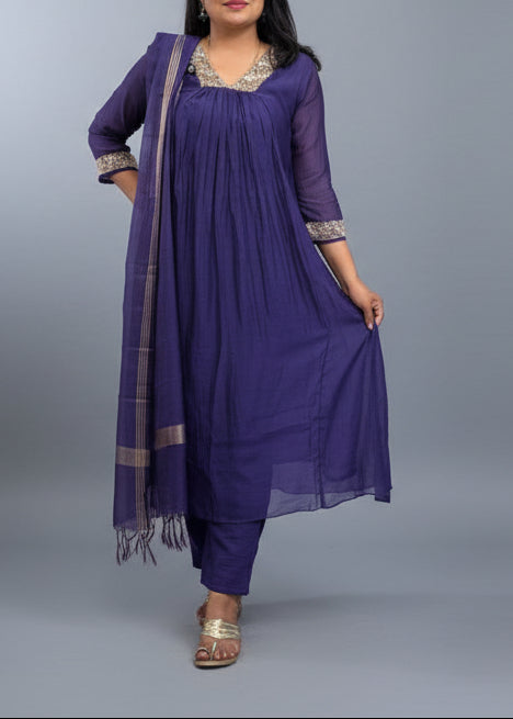 Purple Mul Chanderi Hand Embroidery Airline Kurtha 324