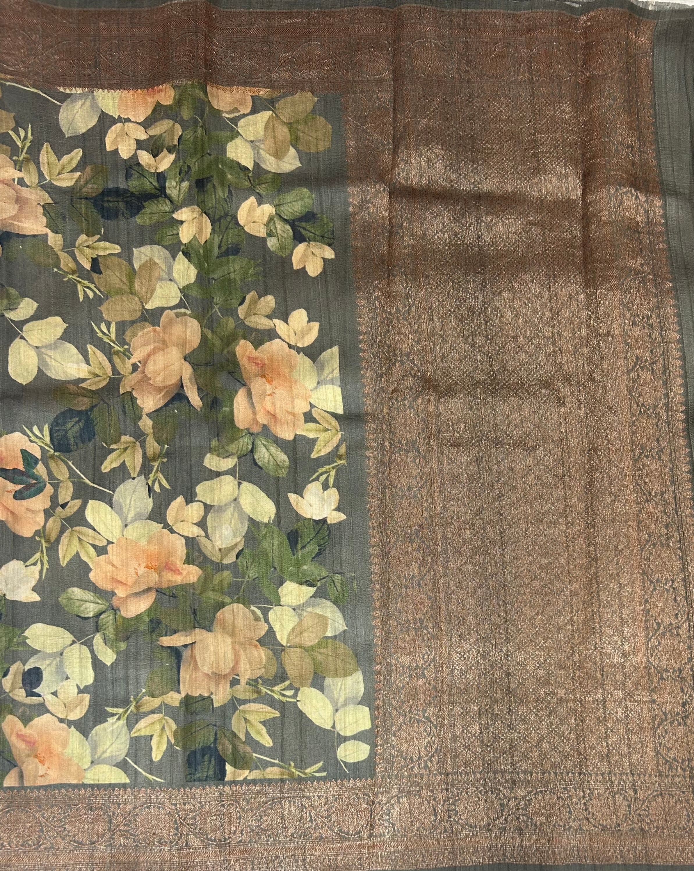 Grey digital print pure handloom  tussar silk-12 saree