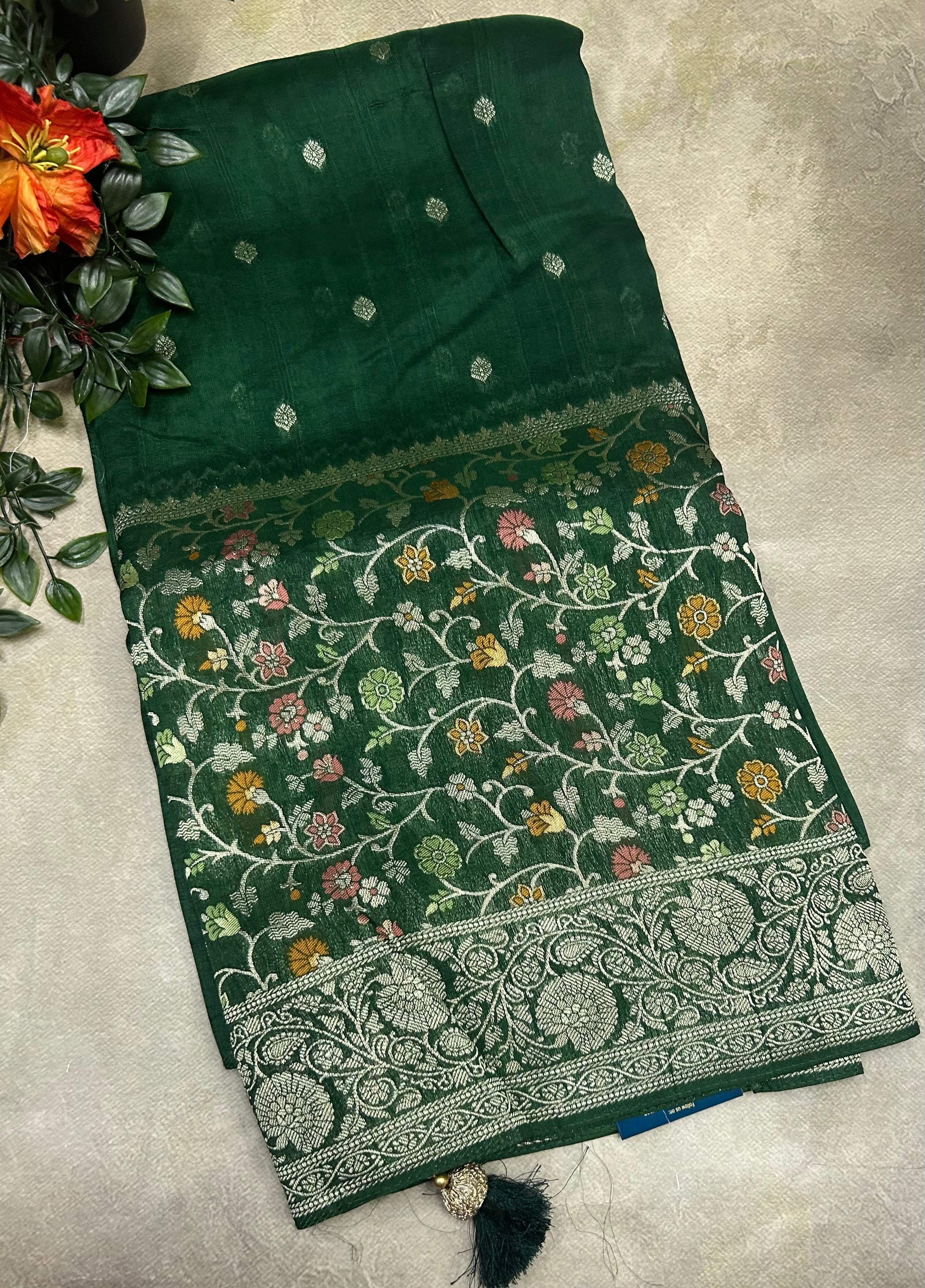 Bottle green Meena work Border soft Tussar crêpe Saree