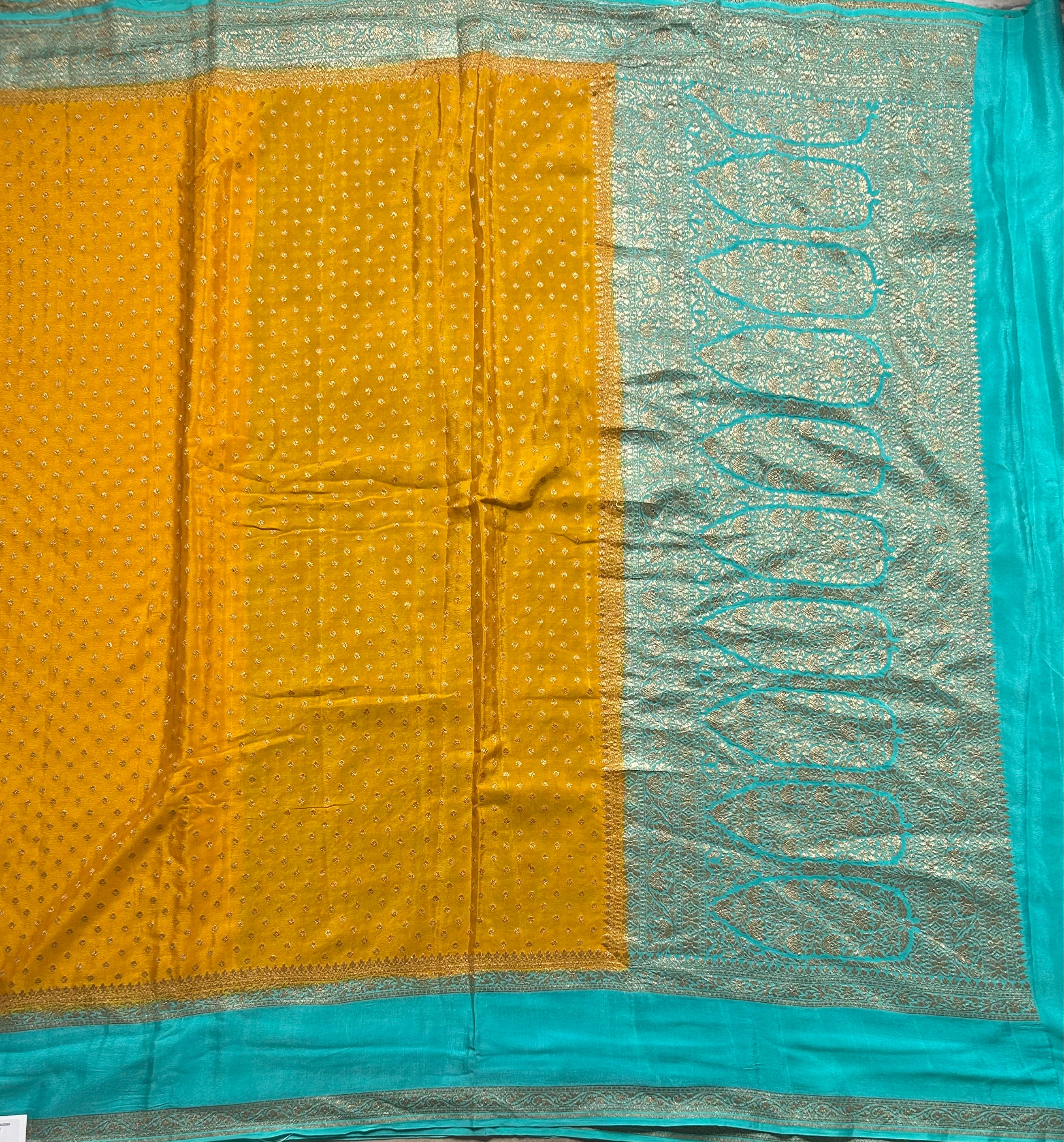 Yellow n blue pure benarasi 103 crepe silk saree