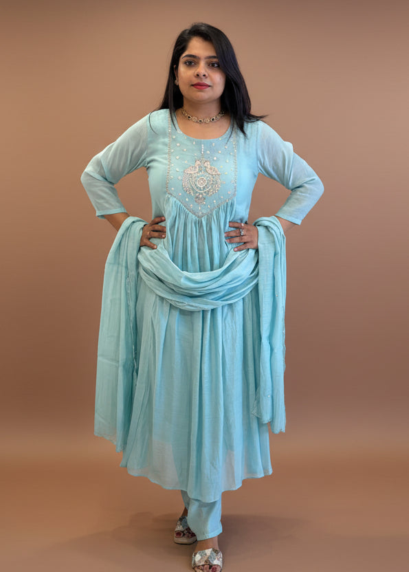 Blue Mul silk Thread Embroidery Airline Kurtha 909