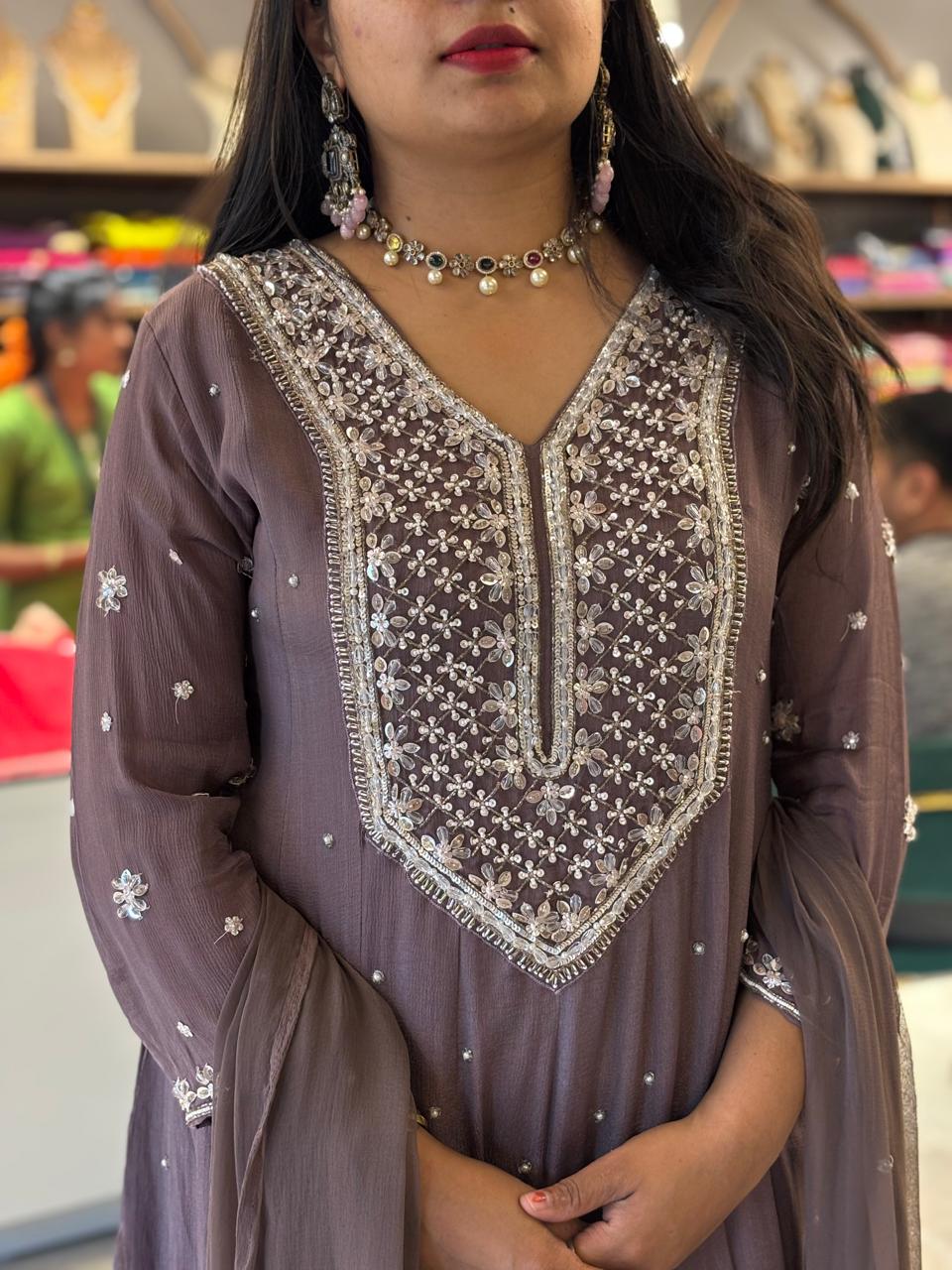 Mof Anarkali chinnon handwork party ware Kurtha 567