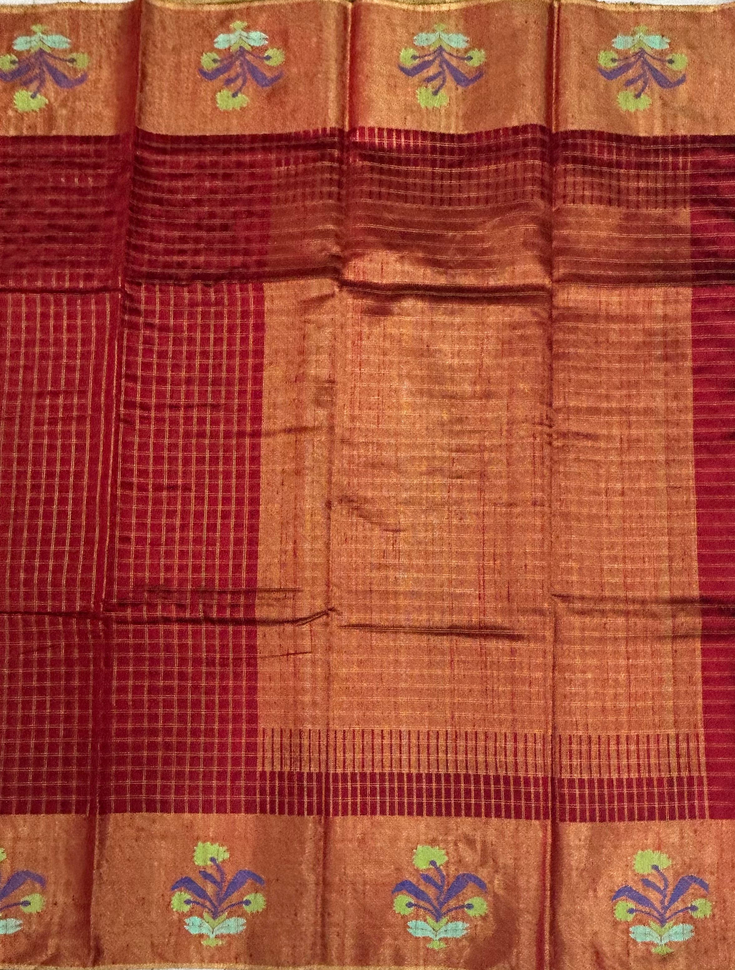 Red checks border Butta pure matka silk saree