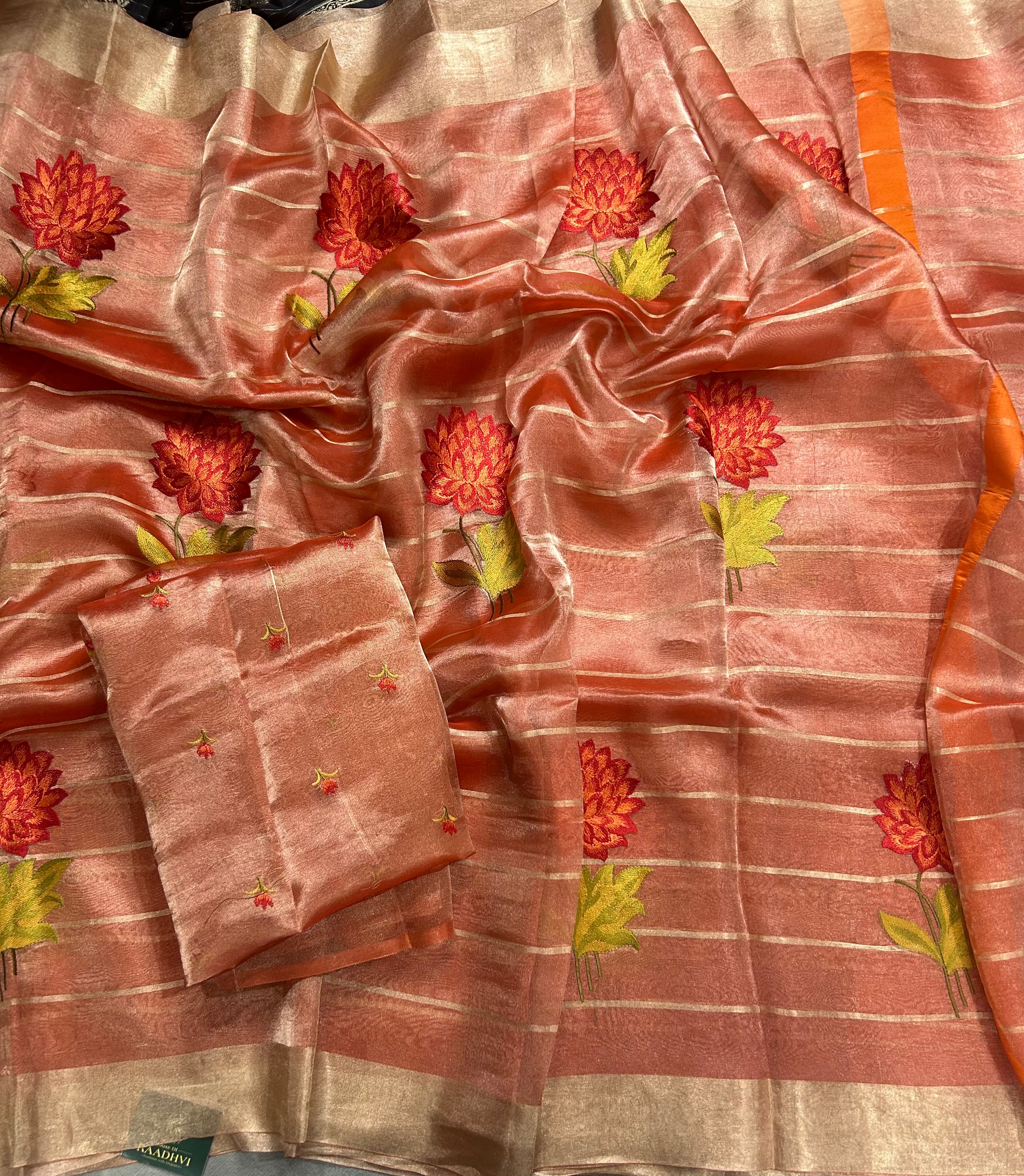 Red floral embroidery work pure tissue organza 105 saree