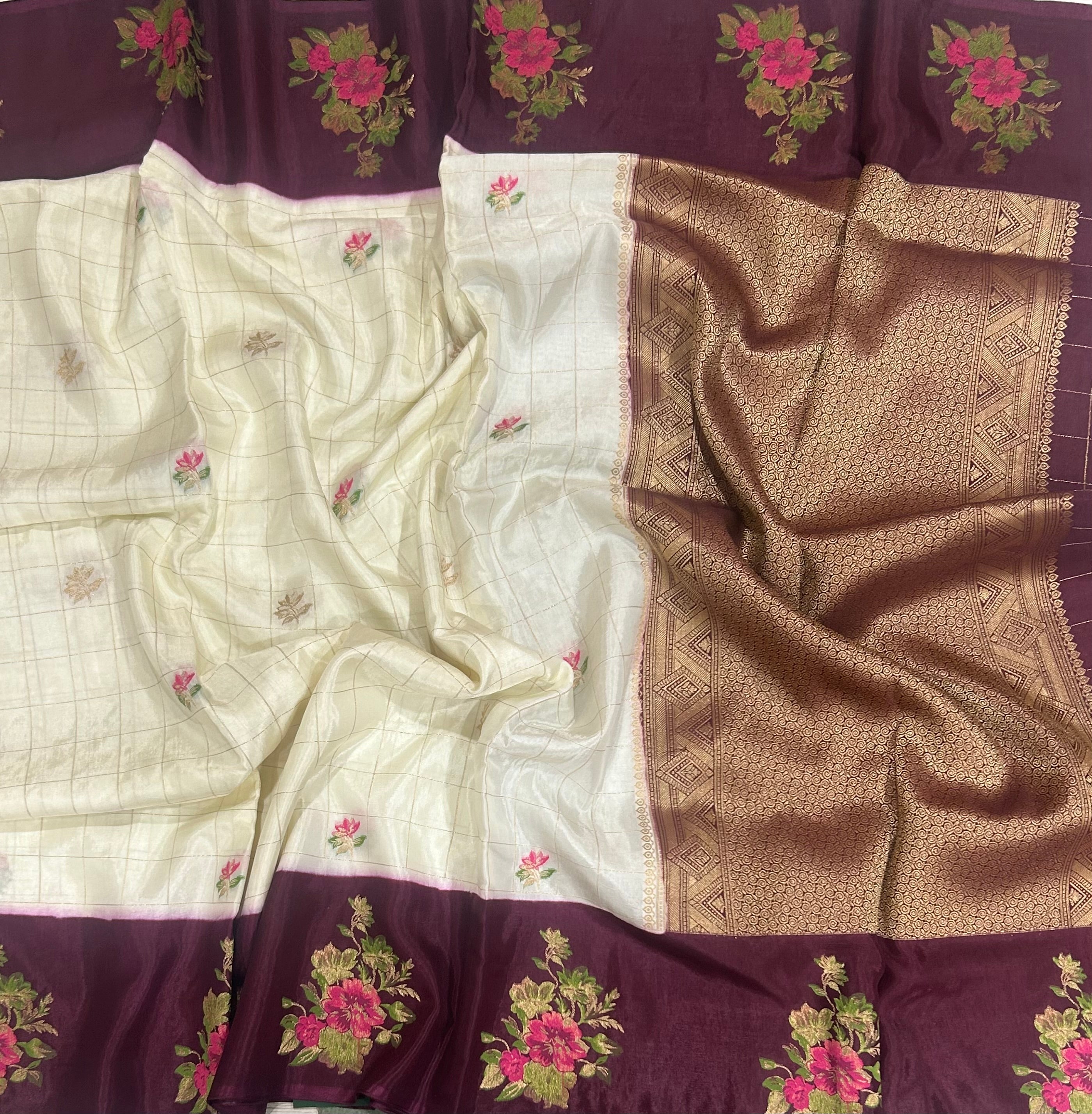 Cream n brown checks dola crepe 104 saree
