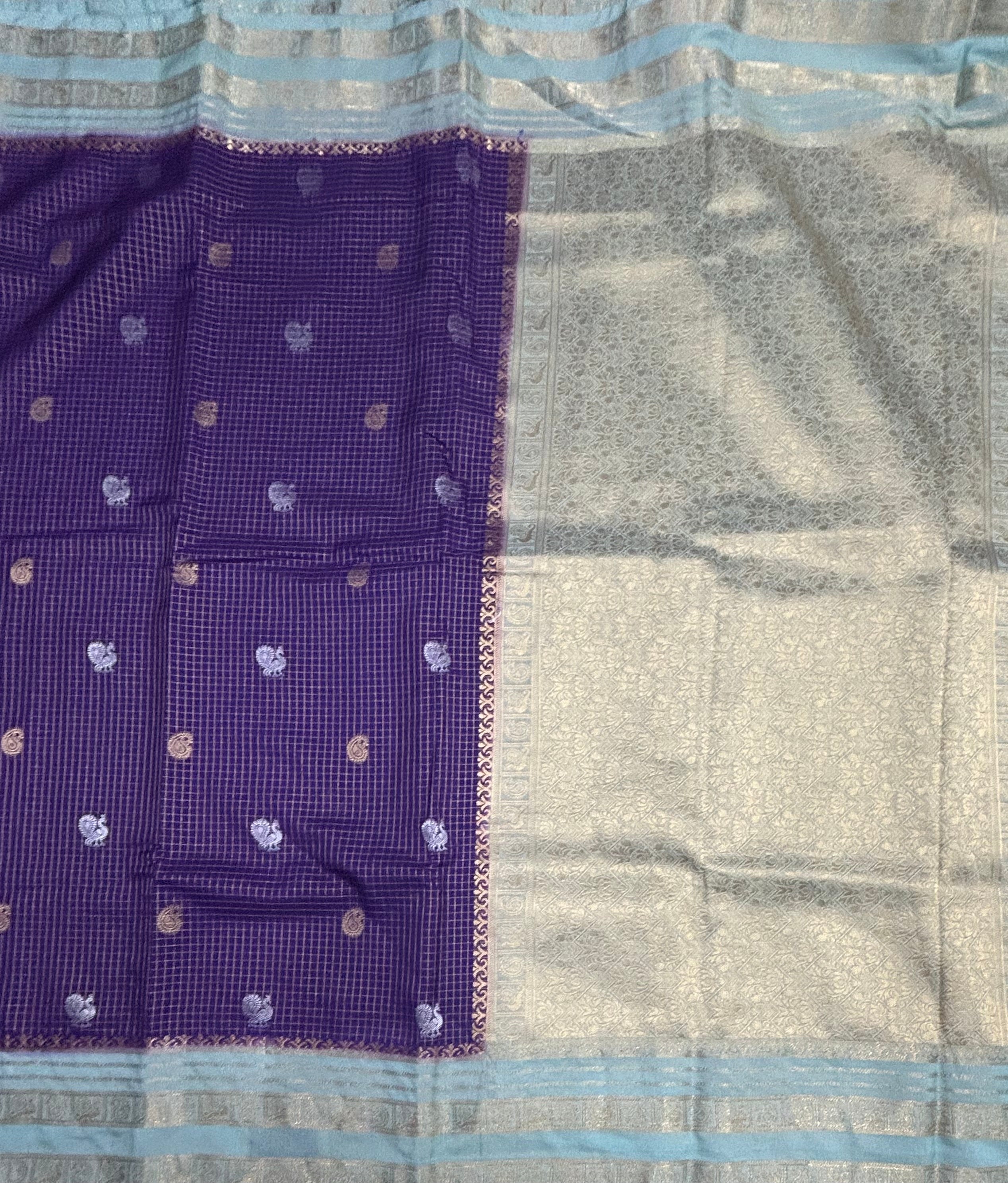 Purple small check Semi Mysore Crepe silk saree
