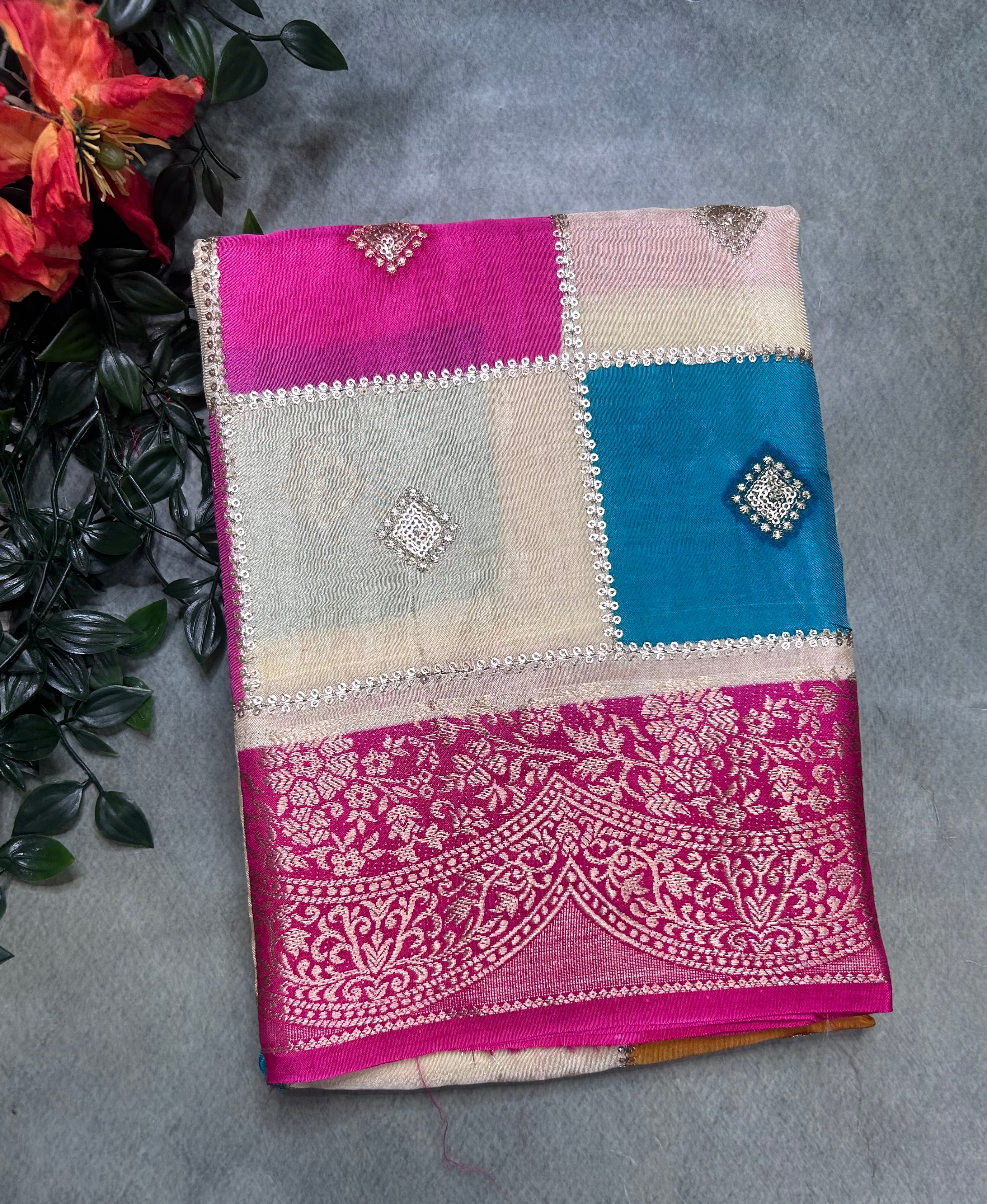 Multicolour checks n small border dola crepe 106 saree