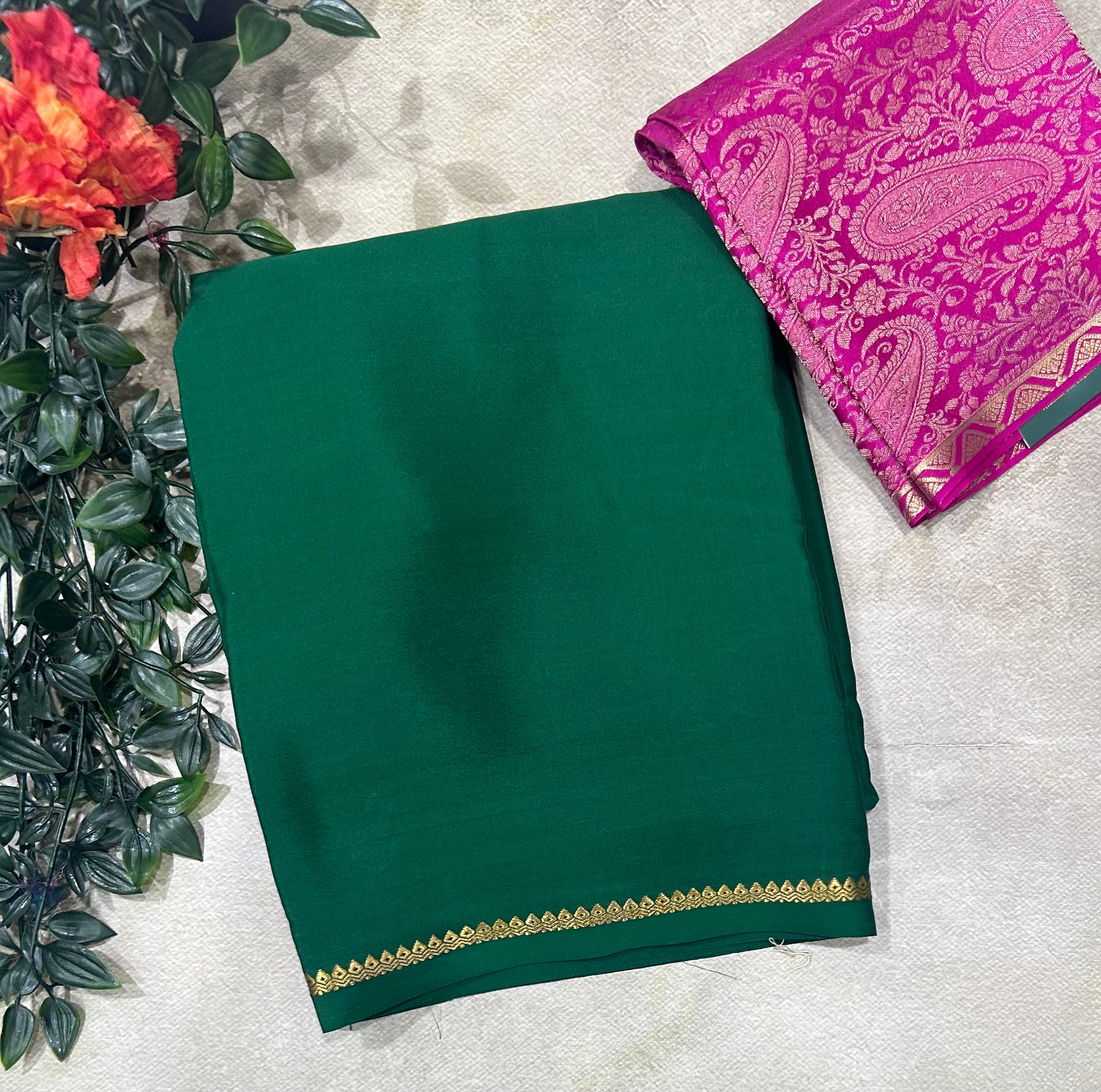 Bottle green plain pure mysore crepe silk saree with Mysore brocade blouse piece(MSM106)