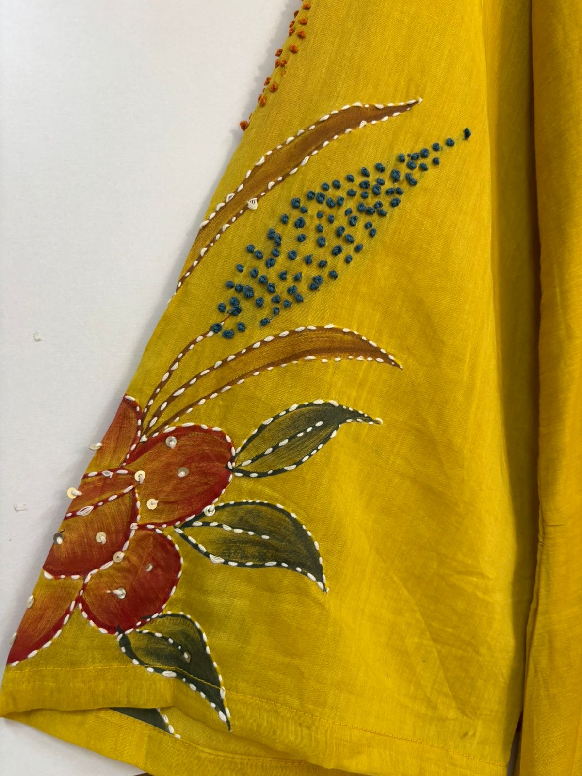 Yellow Mul Chanderi Thread Embroidery Airline Kurtha 483