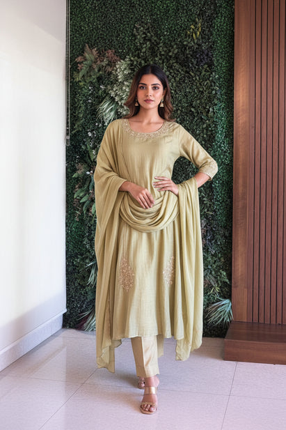 Green Mul Chanderi Airline Handwork Kurtha 581