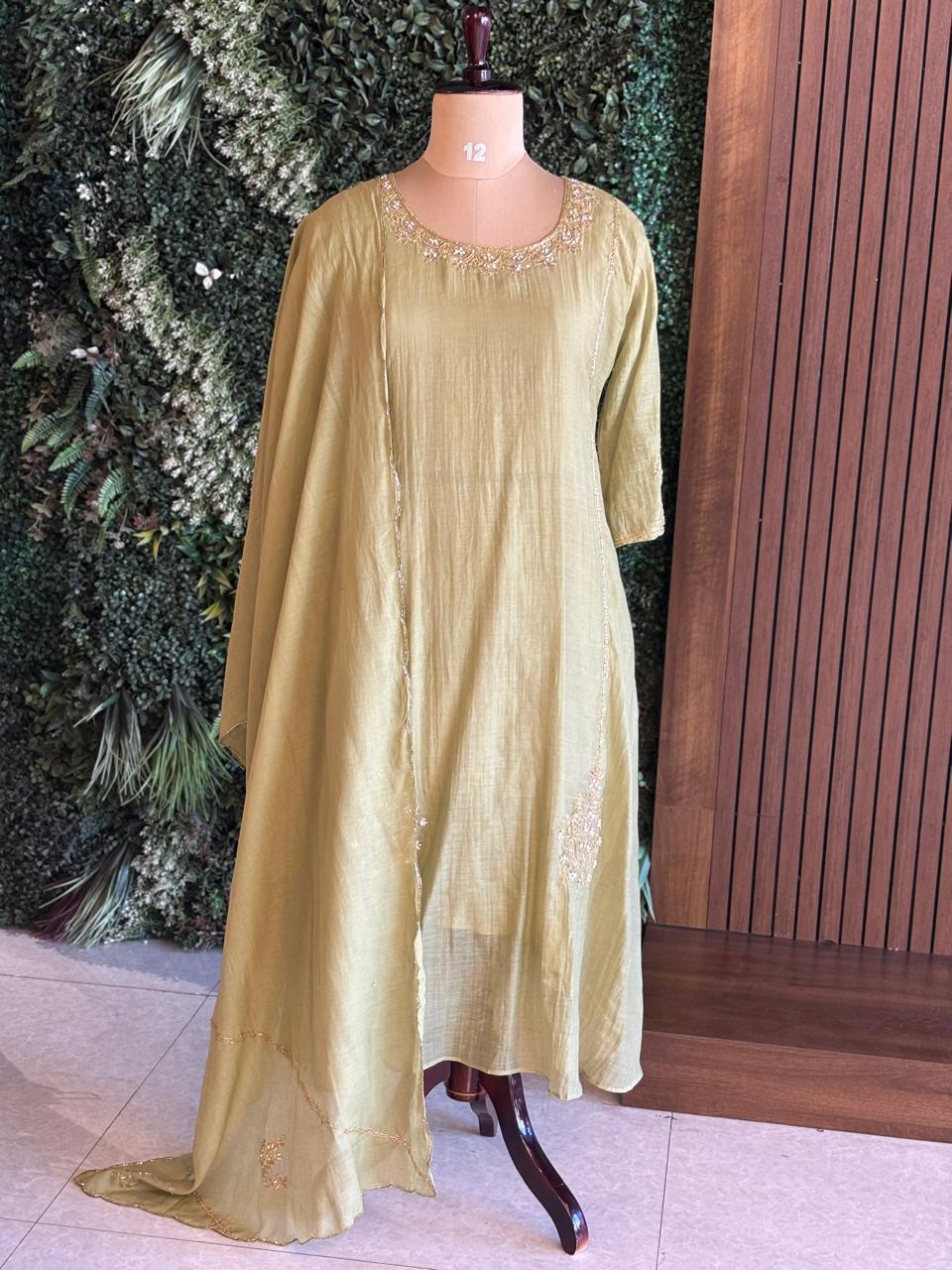 Green Mul Chanderi Airline Handwork Kurtha 581