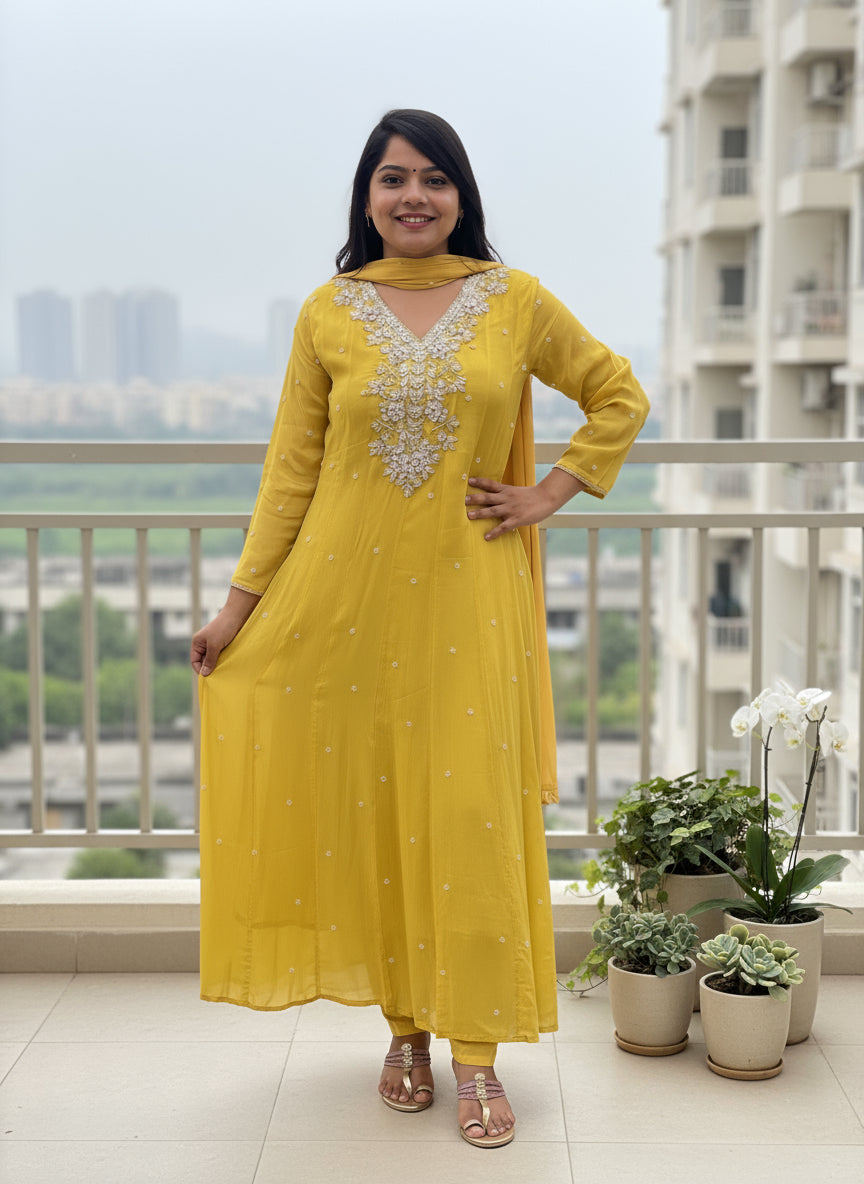 Yellow Anarkali Chinnon Hand Embroidery Kurtha 567