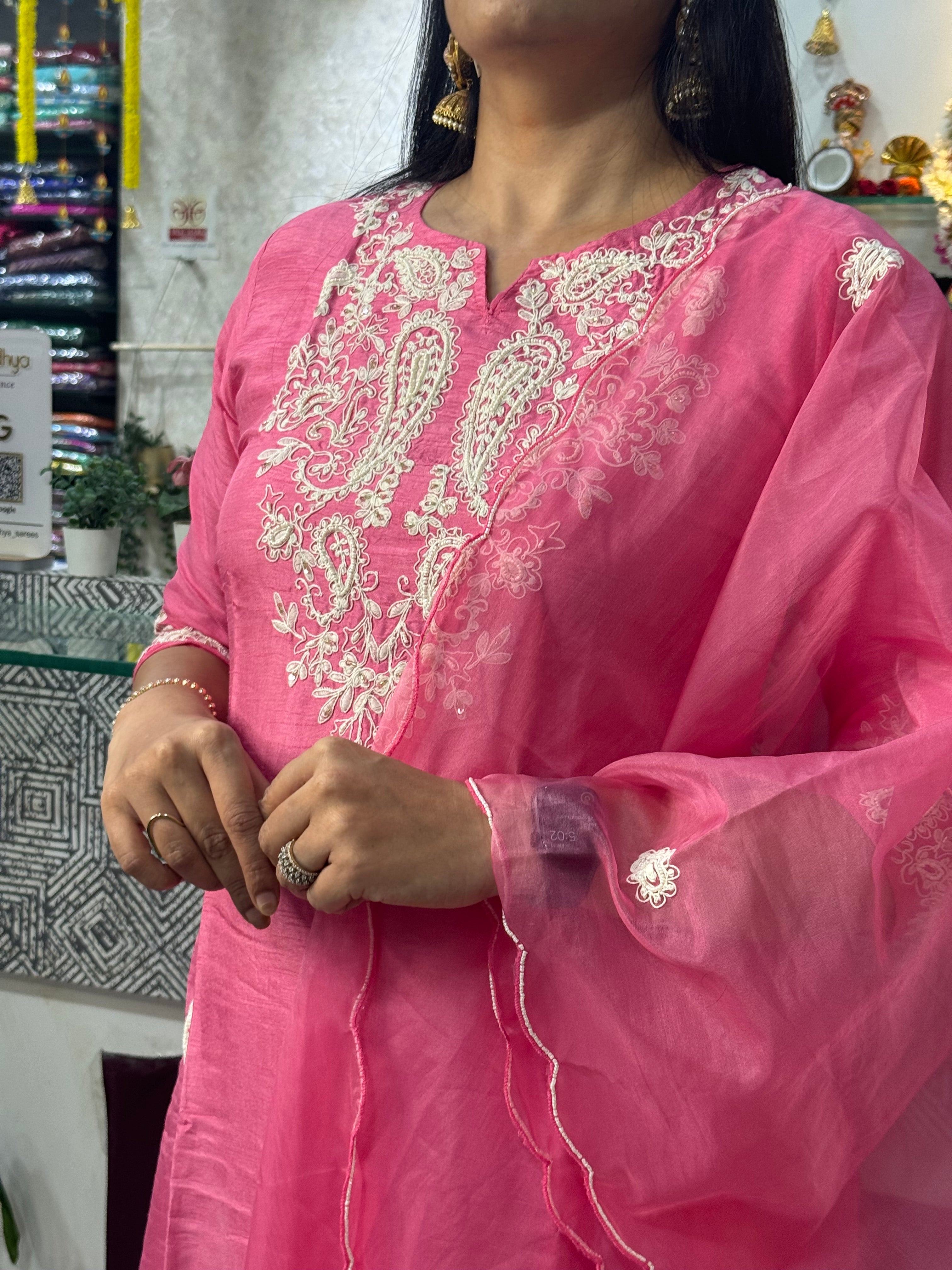 "Meera" Pink silk Kurtha suit with Pearl work