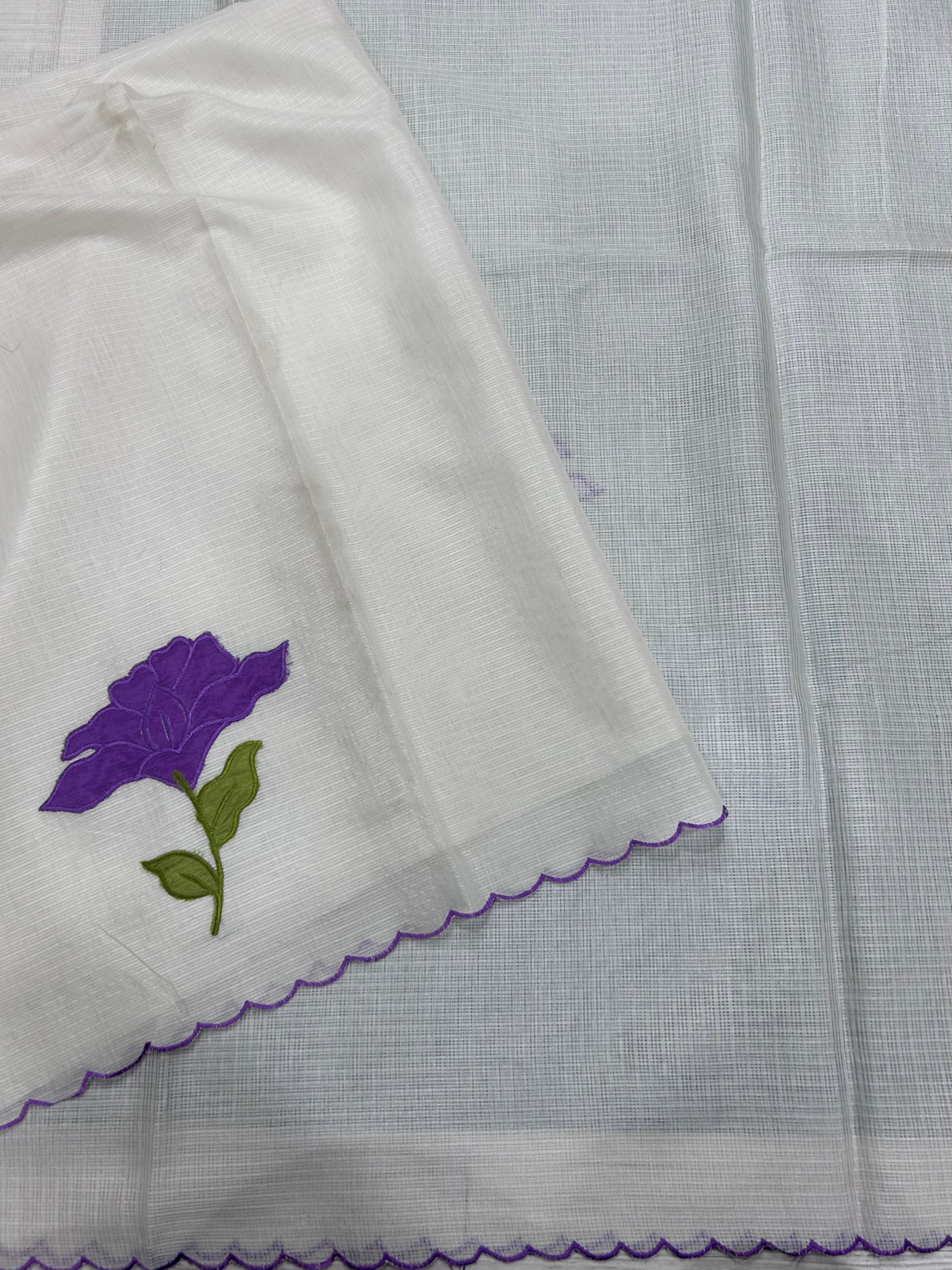 Cream scallop border purple embroidery work Kota check 106 Saree