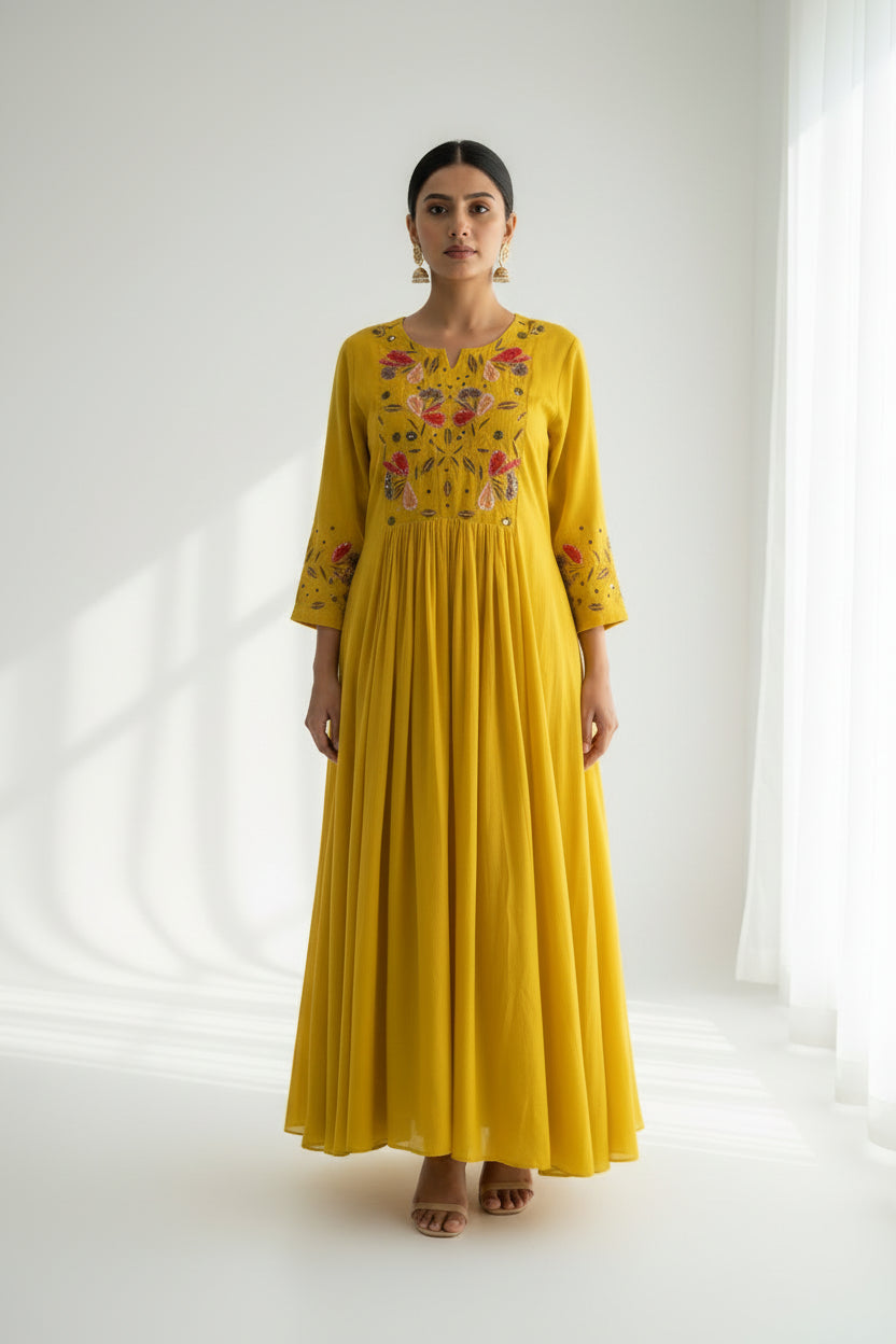 Yellow Mul Chanderi Thread Embroidery Airline Kurtha 483