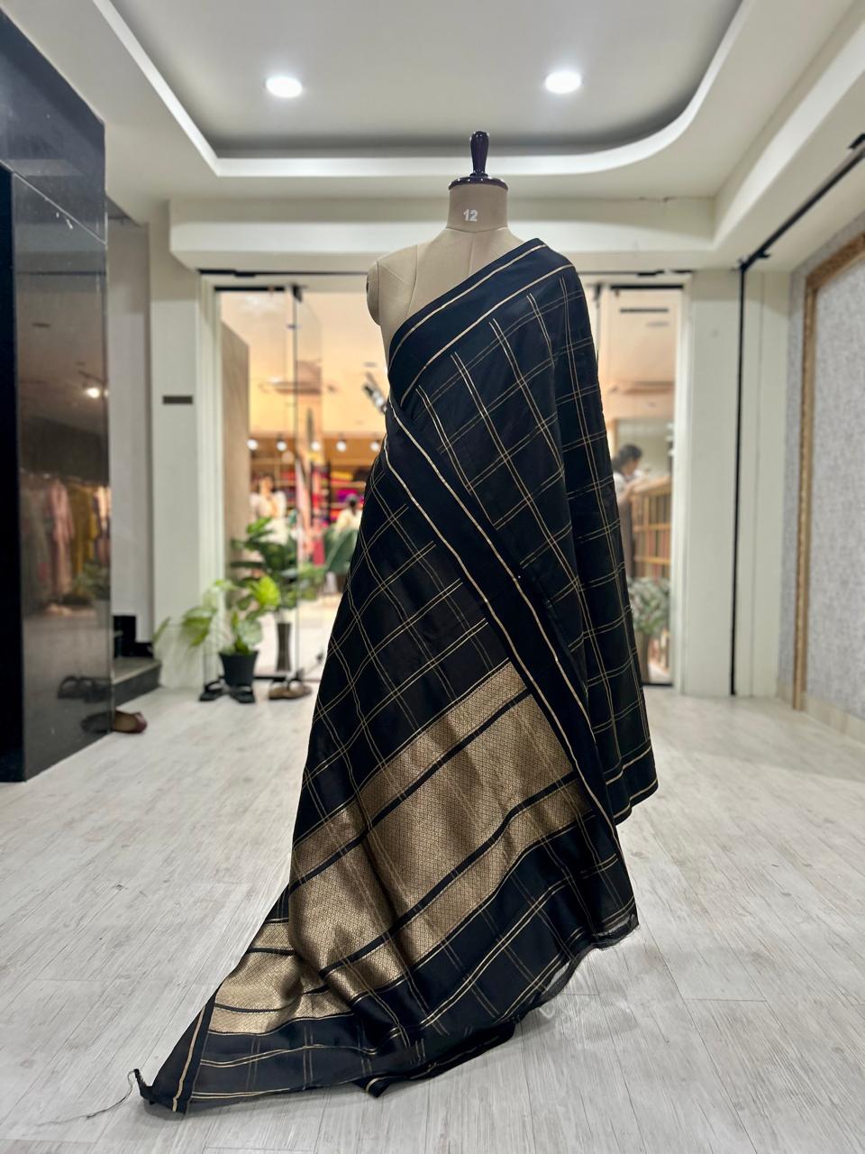 Black checks light weight Kathan -12 saree