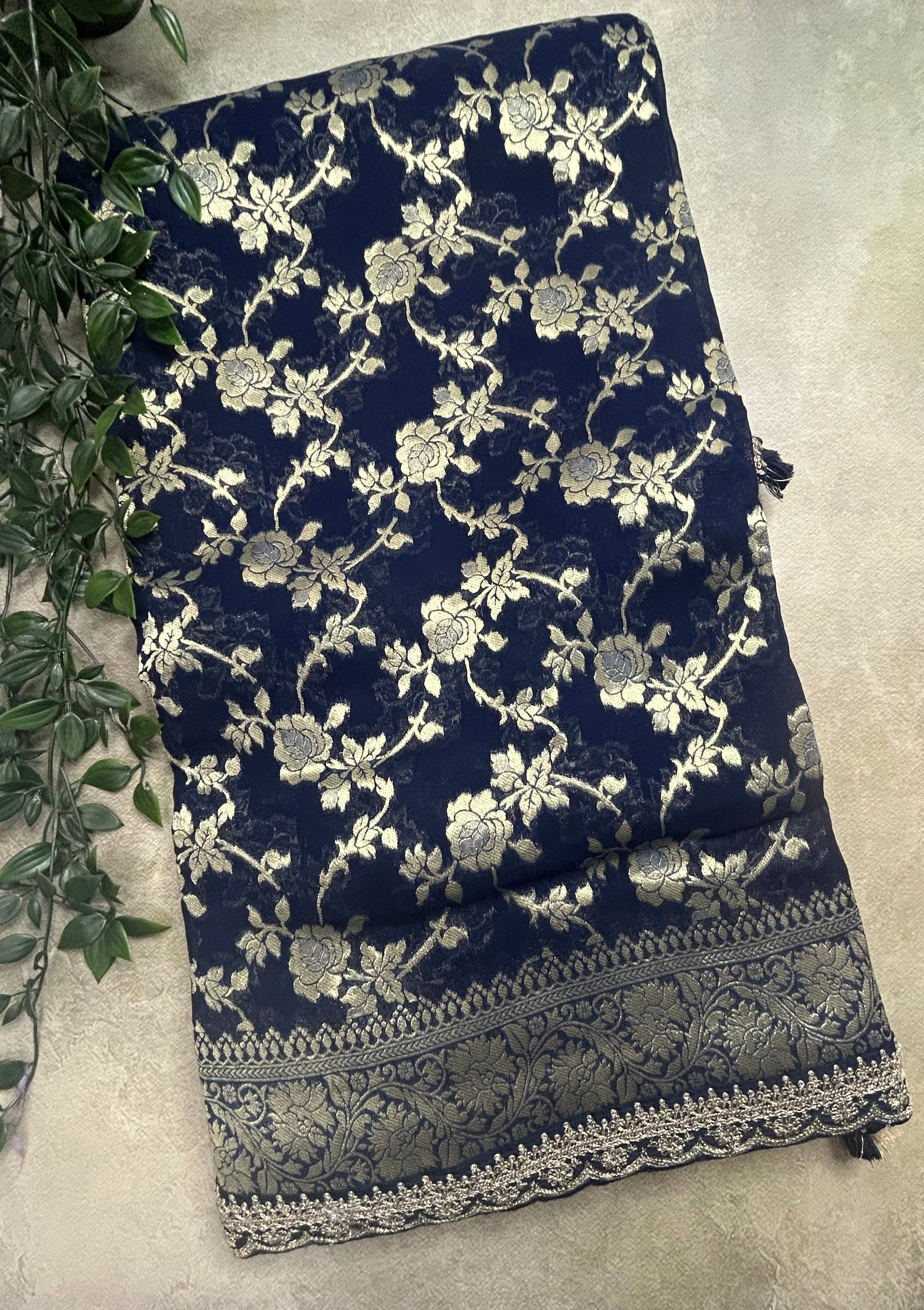 Navy blue Jaal brocade party wear scallop border saree