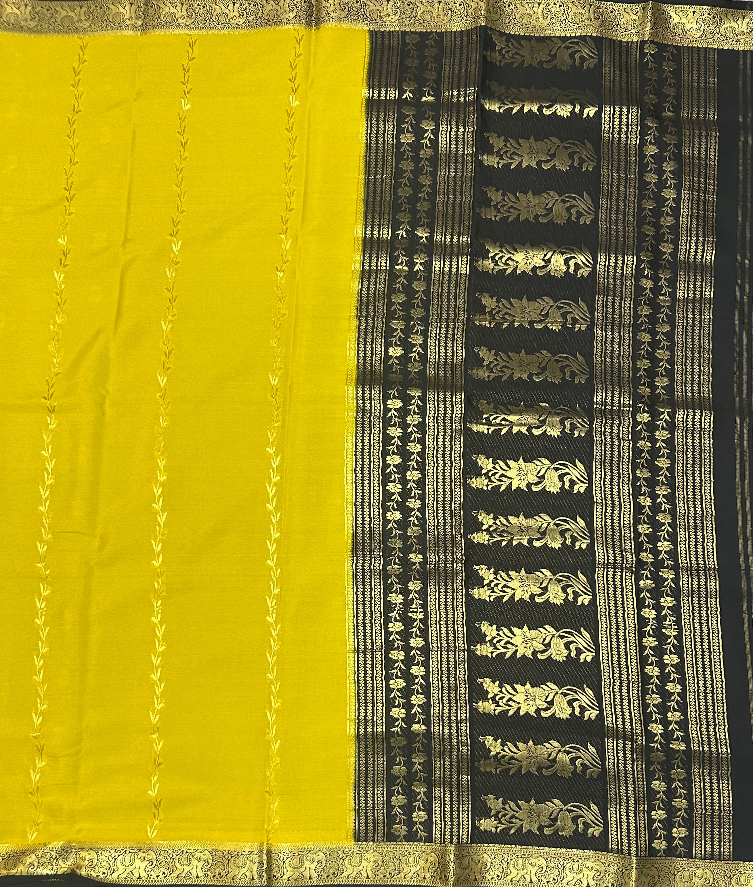 Neon yellow n black partly pallu Pure Mysore silk crepe 103 Saree