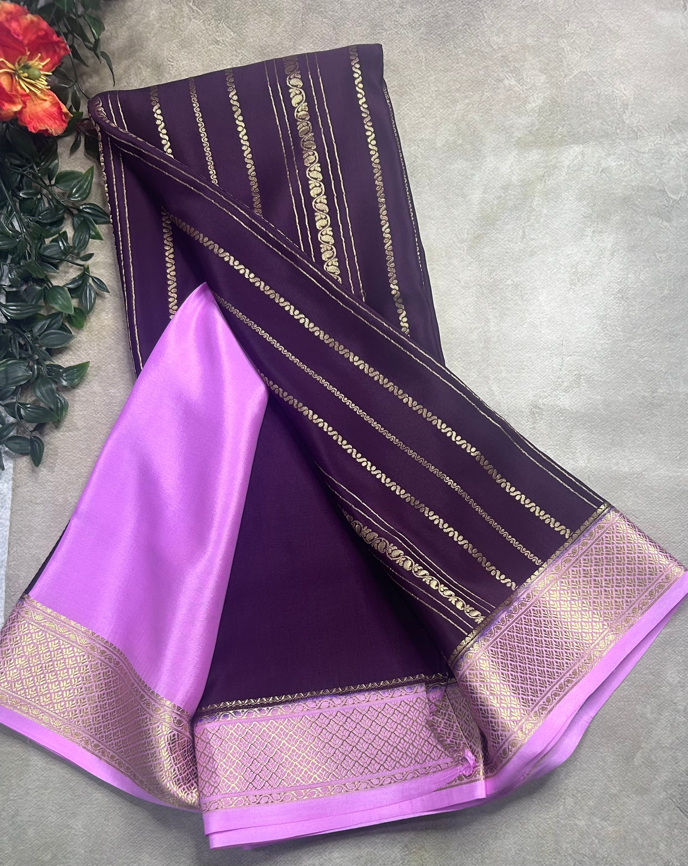 Wine stripes pure mysore crepe silk saree (SMS106)