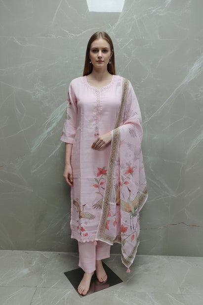 Baby Pink Linen Straight Fit Handwork Kurtha
