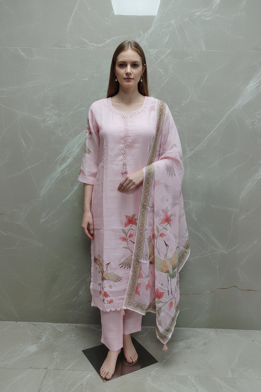 Baby Pink Linen Straight Fit Handwork Kurtha